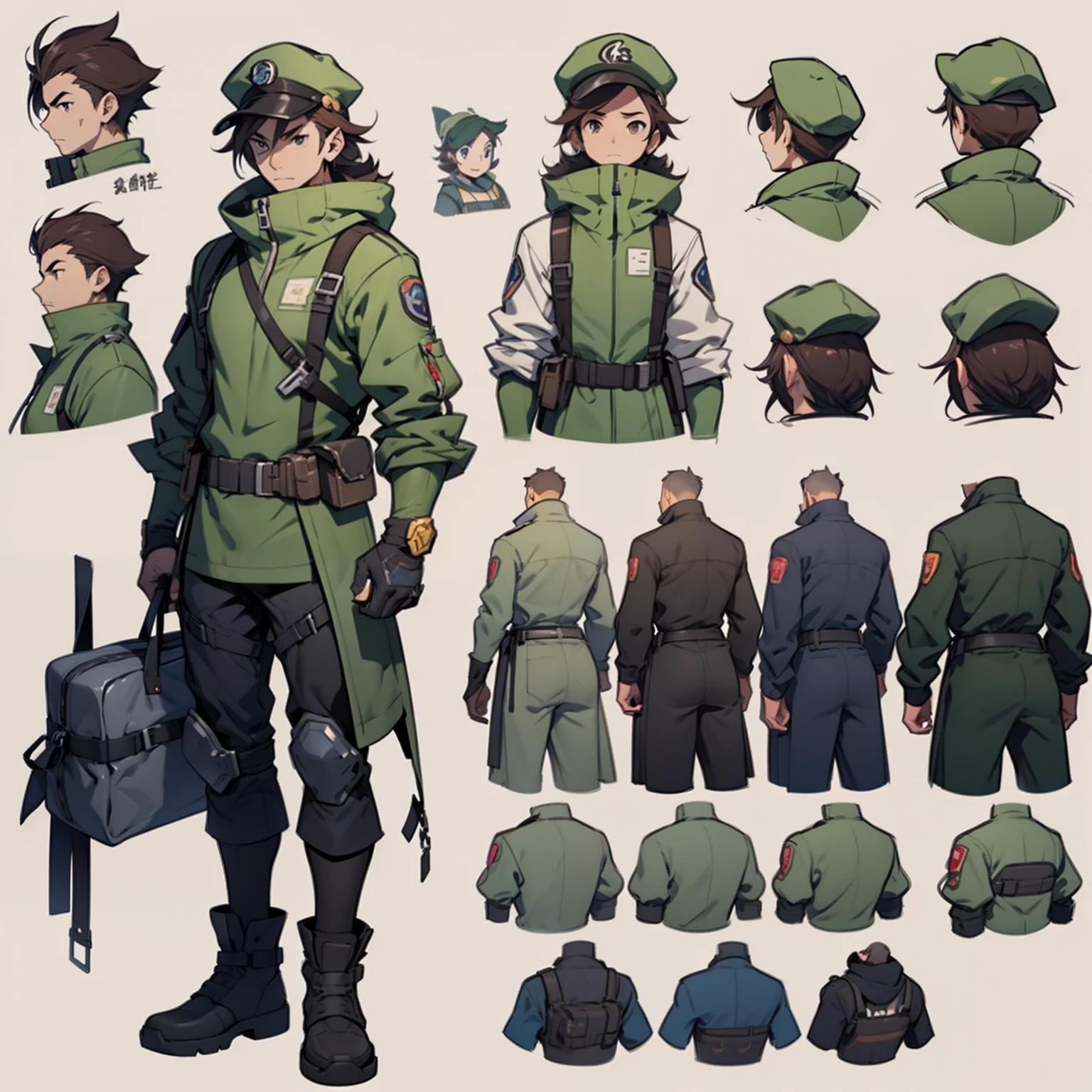 Close-up of a man carrying a travel bag,((concept art of character)),((character design sheet、Same role、frontage、Lateral face、on back))Character art for Maple Story,video game characters designs,video game characters designs,Maple Story Genki Girl,expert high detail concept art,metal slug concept art,interesting character design,Dopamine wearing,Star suit。concept-art,Lots of buttons at the waist,Multicolored crutches,