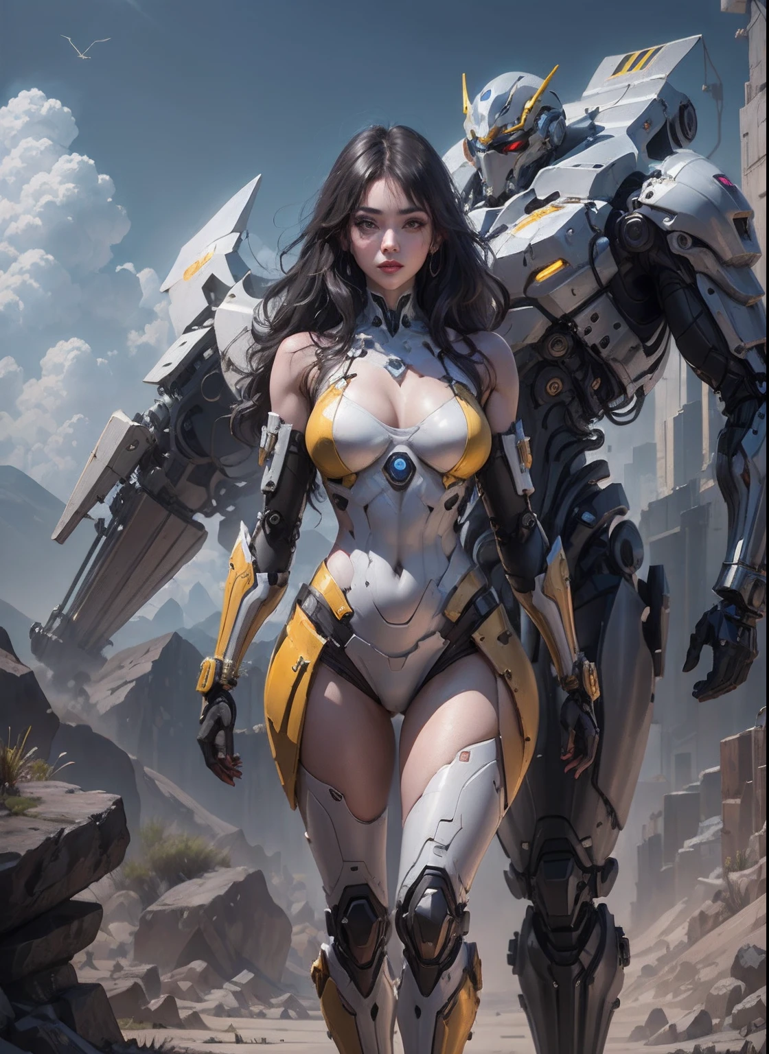 a high definition (8k), Hermosa mujer detallada cuerpo definido, cabello negro azulado, Sexy Full Body Pose with Conan the Barbarian Cosplay, senos medianos, uniforme azul, rojo, Blanco, High-tech golden yellow, cyberpunk, futuristic, paisaje con cielo nocturno con nubes, luna,