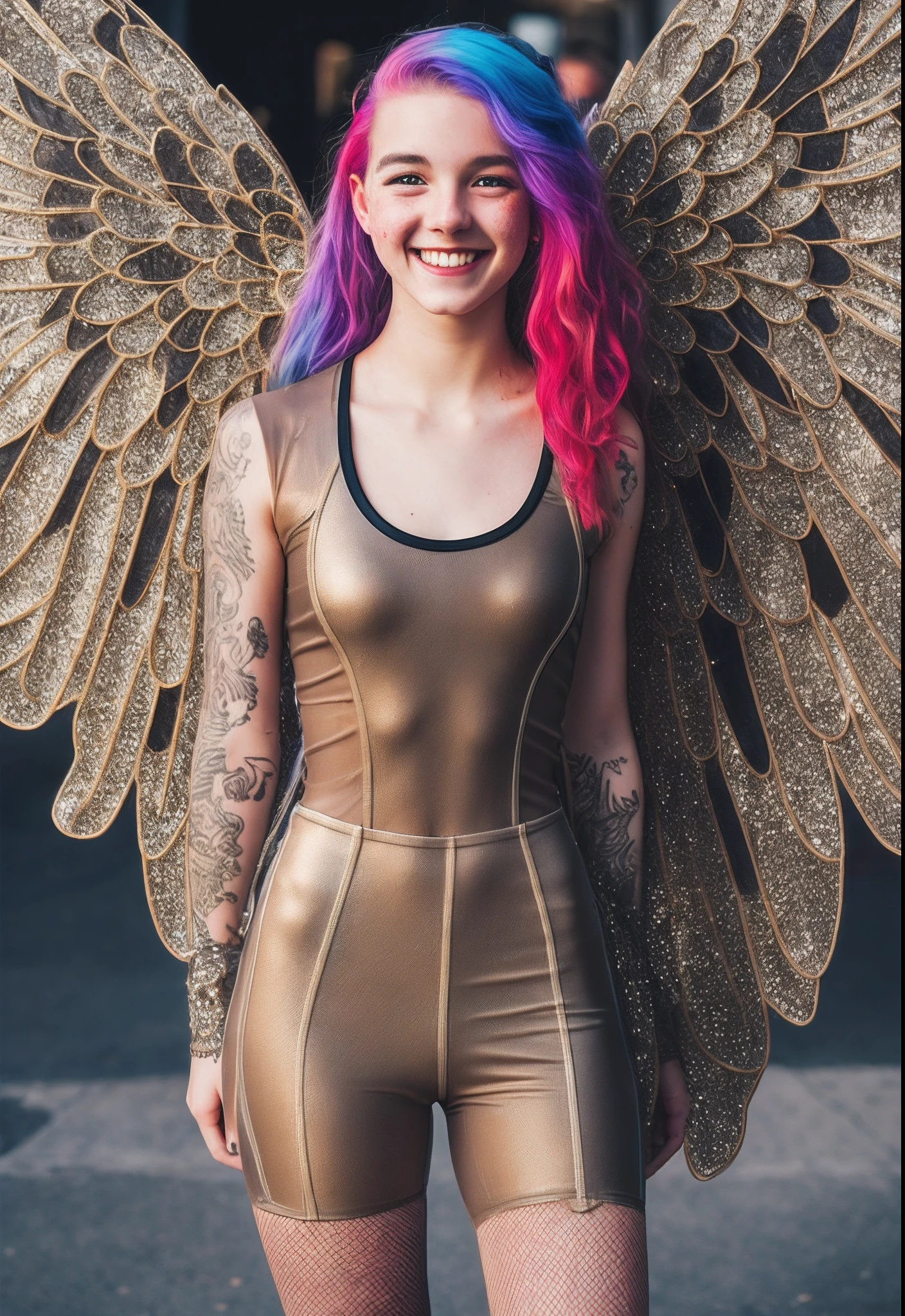 Freckled teen rainbow haired angel in clear beige cellophane spandex, full body, emopunk style, tribal tattoos, large long wings, smiling, laughter, playful, joyful, active, photorealistic, nightlife, 35mm, 8k uhd, extremeny sharp detail, Unsplash, chiaroscuro
