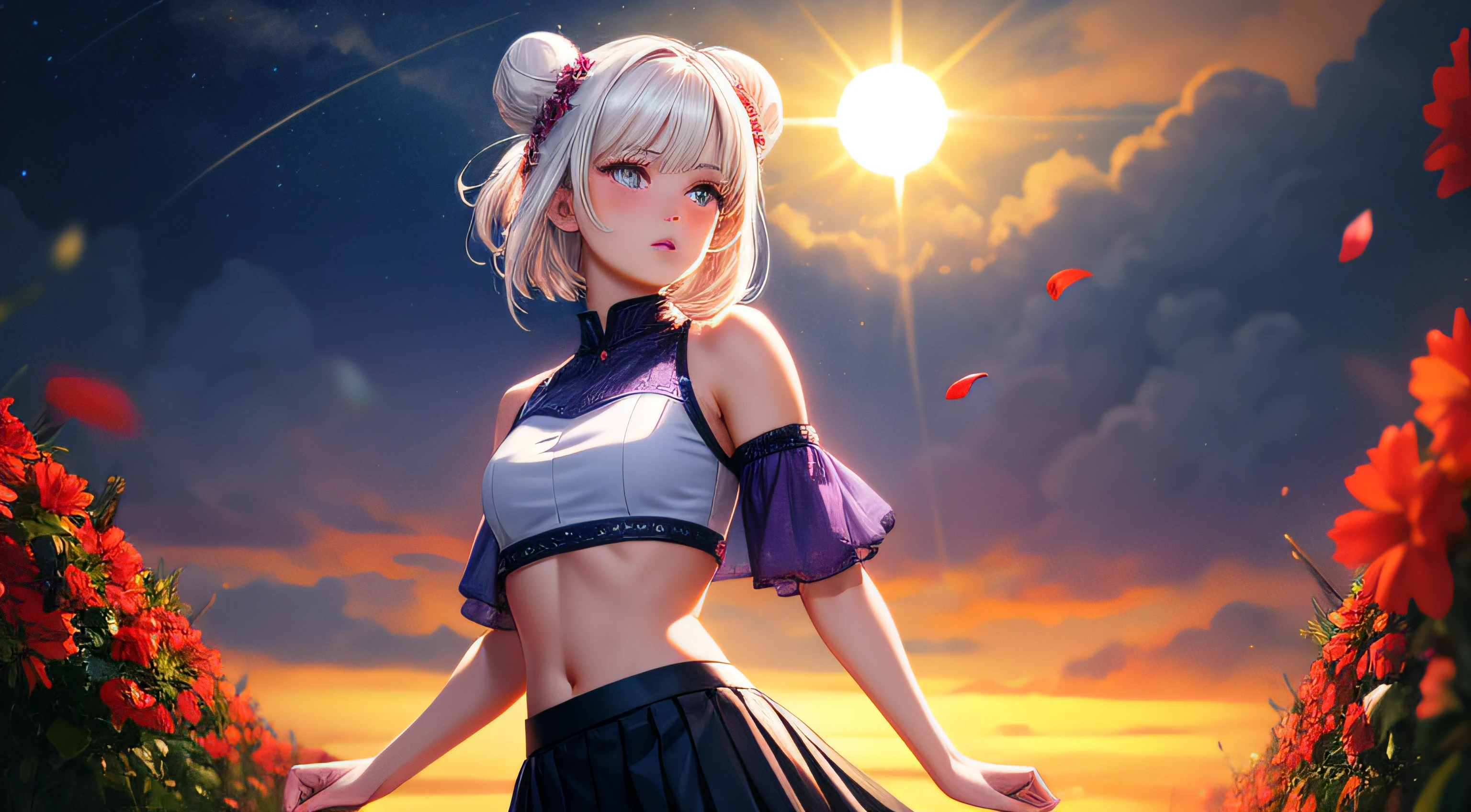 realistic, 1girl, white hair, purple eyes, glowing eyes, crop top, skirt, parted lips, blush, night, flowers, sun, sunlight, double bun, shoulder-length short hair