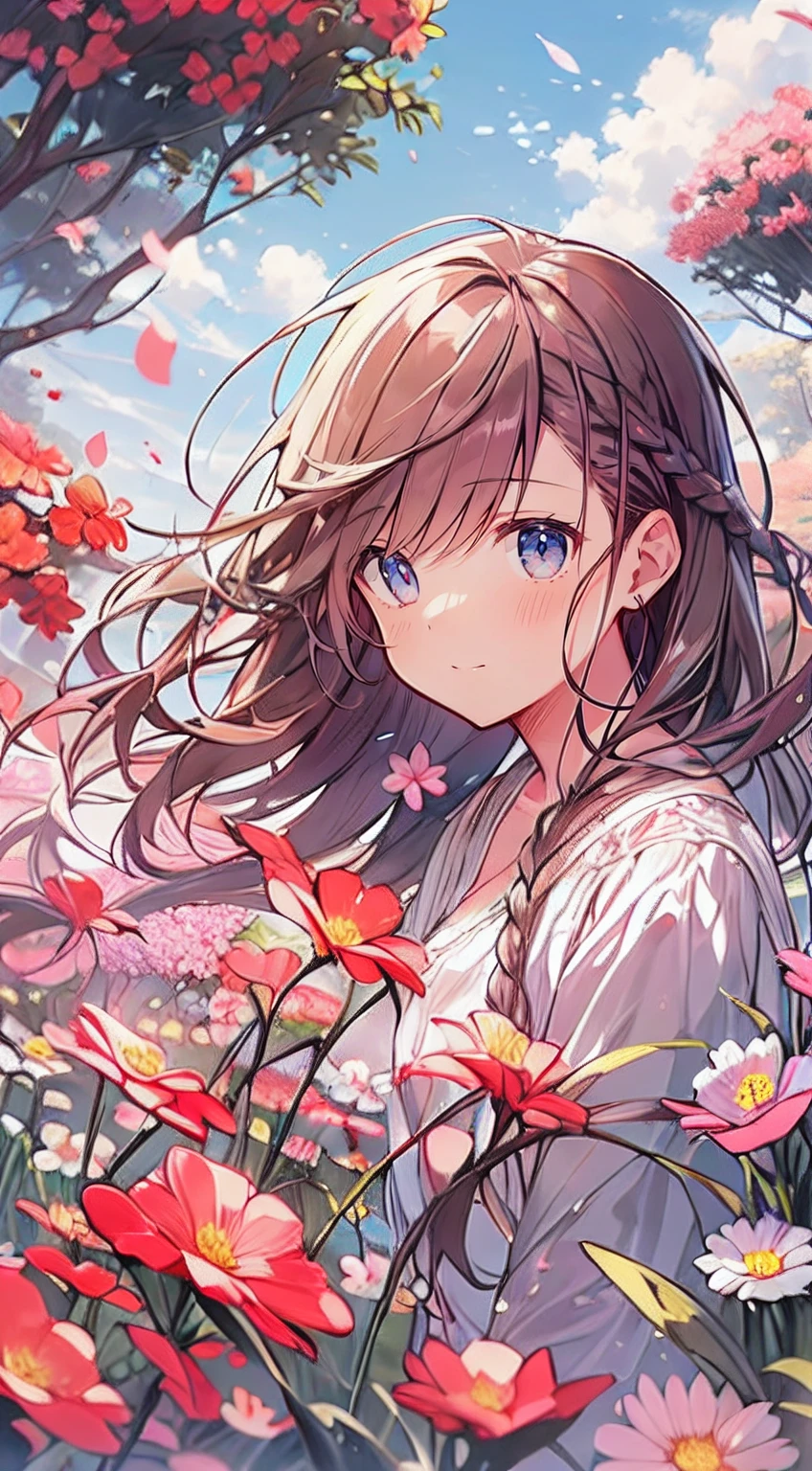 masutepiece, Best Quality,Illustration, Wallpaper, Ultra Detail, Absurd beauty、1 beautiful girl、 (Semi-long hair、short braided hair), Beautiful ultra-detailed eyes , Hair fluttering in the wind、Keep your head small、flower field、great outdoors、Landscape of the flower garden