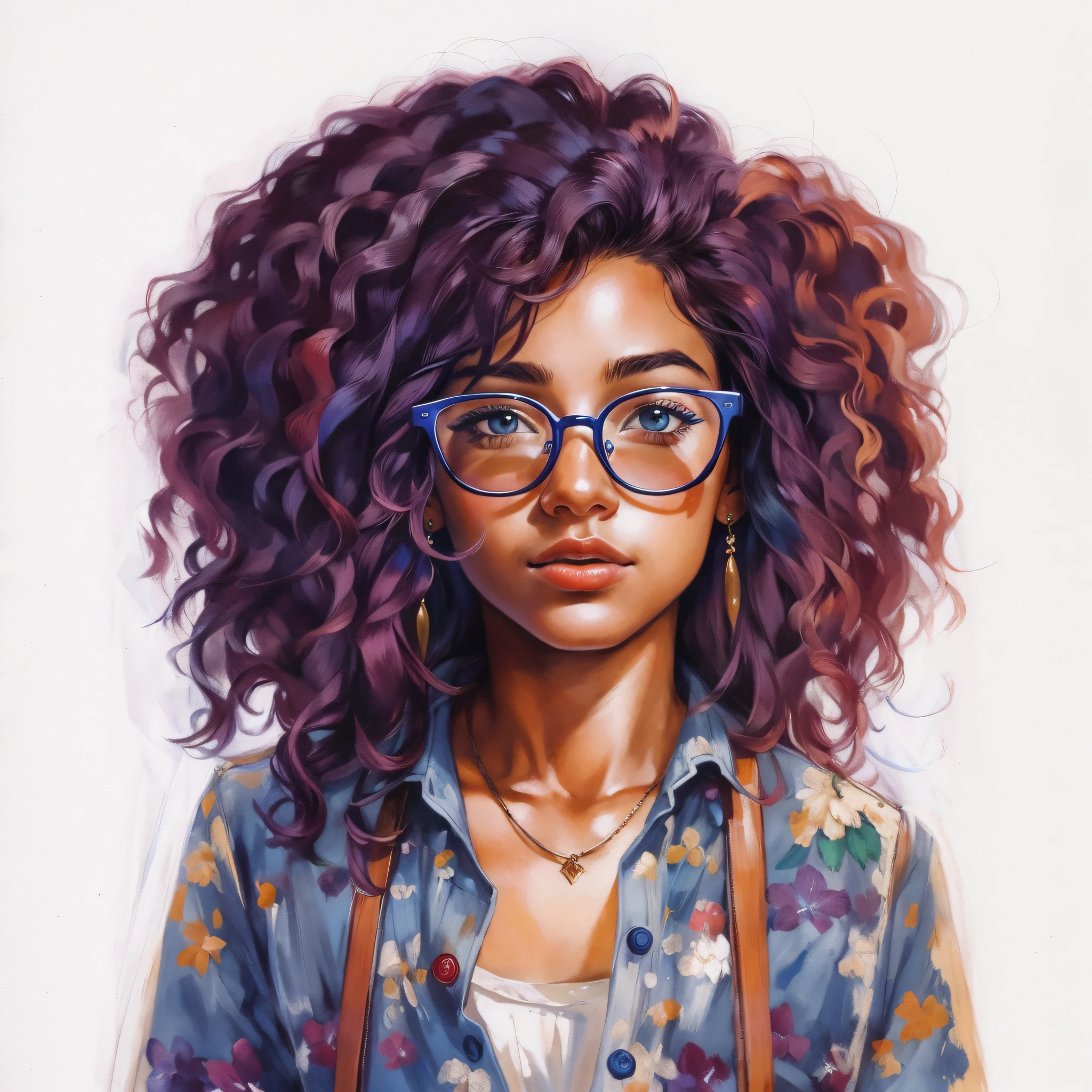 a painting of a woman with glasses and a blue shirt, Epic portrait illustration, retrato de alta qualidade, pintura realista da menina bonito, retrato detalhado do caractere, retrato do design do personagem, detailed illustration portrait, design de personagem retrato, Portrait illustration, retrato bonito, retrato bonito detalhado, retrato da menina, retrato colorido detalhado, retrato altamente detalhado, retrato feminino realista, retrato da arte do personagem, girl with glasses