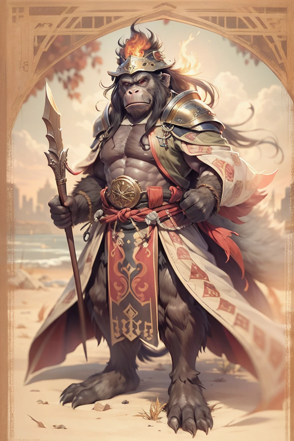 (anthropomorphic turtle),(Ape warrior:1.4),coda,a tall body,Stout limbs,disdain,ran,tosen,The long hairs of the flame fluttered in the wind,combats,Dynamic lines,Dimly lit battlefield,Ruined castle,(stereoscopic perspective:1.4),Works of masters,super-fine,4K分辨率,high qulity,电影灯光,High picture detail,Detailed pubic hair,Epic shooting,Clearly focused hair,Detailed hair depiction,acurate