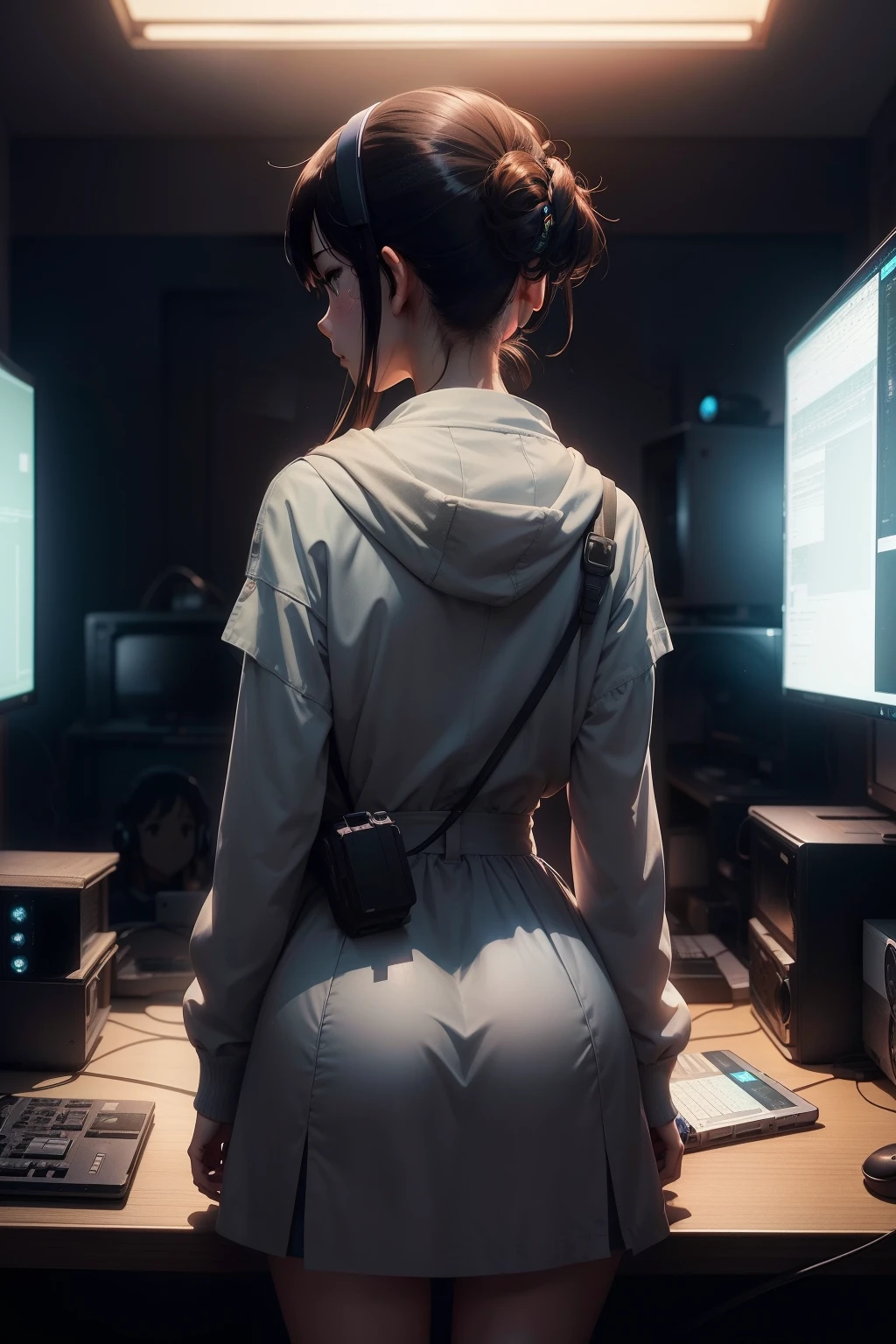 Anime Girl holding holding a mic and looking at front, a high resolution artwork with the back ground with a computer screen in a room full of gadgets, web developer, by makoto shinkai and ghibli studio, outlined silhouettes, dramatic lighting, highly detailed, incredible quality, trending on artstation, masterpiece, 8k