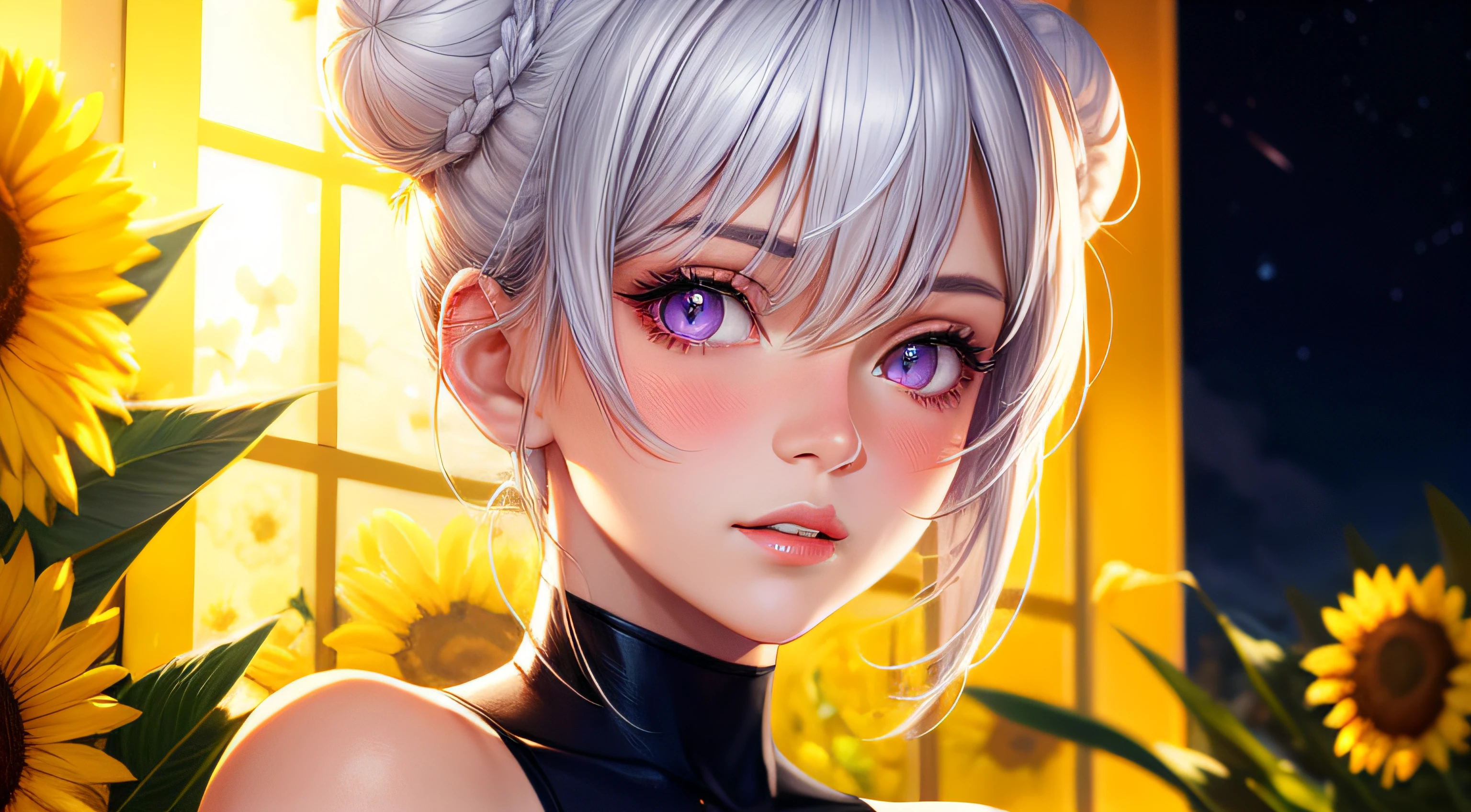 realistic, 1girl, white hair, purple eyes, glowing eyes, crop top, skirt, parted lips, blush, night, flowers, sun, sunlight, double bun, shoulder-length short hair