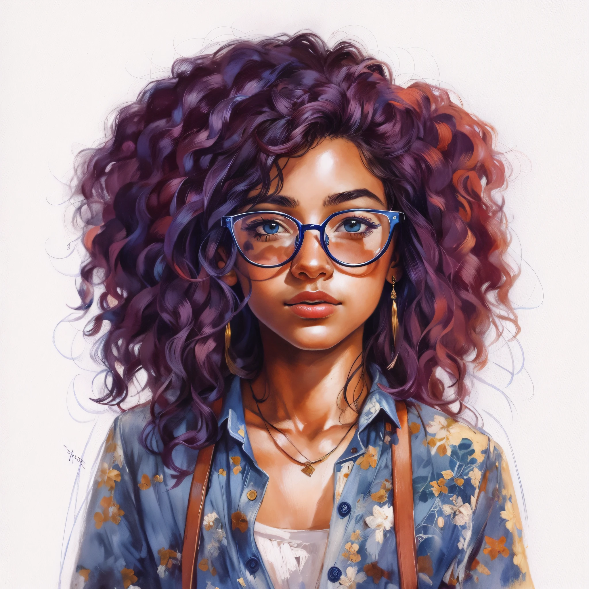 a painting of a woman with glasses and a blue shirt, Epic portrait illustration, retrato de alta qualidade, pintura realista da menina bonito, retrato detalhado do caractere, retrato do design do personagem, detailed illustration portrait, design de personagem retrato, Portrait illustration, retrato bonito, retrato bonito detalhado, retrato da menina, retrato colorido detalhado, retrato altamente detalhado, retrato feminino realista, retrato da arte do personagem, girl with glasses