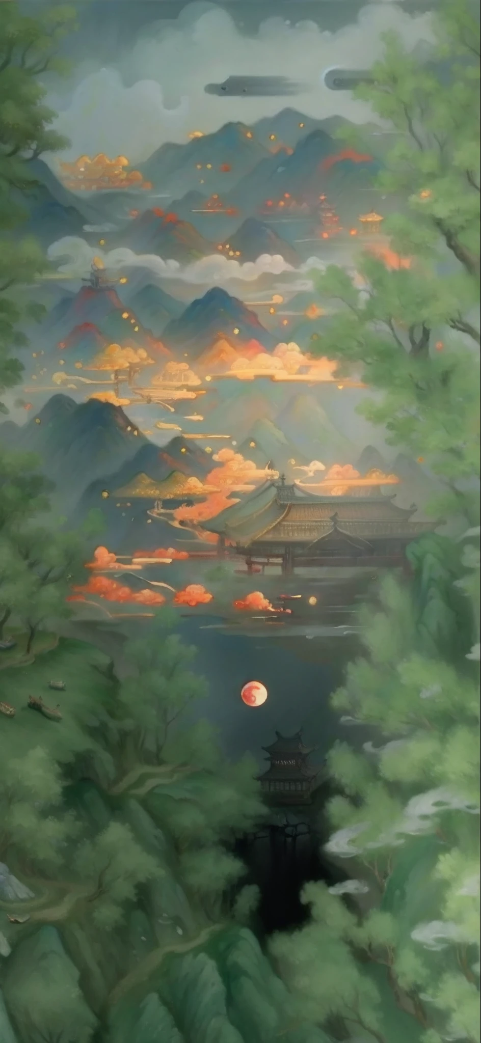 An ancient Chinese painting, ancient Chinese background, mountains, rivers, auspicious clouds, pavilions, sunshine, masterpieces, super detail, epic composition, ultra HD, high quality, extremely detailed, official art, unified 8k wallpaper, Super detail, 32k -- v 6