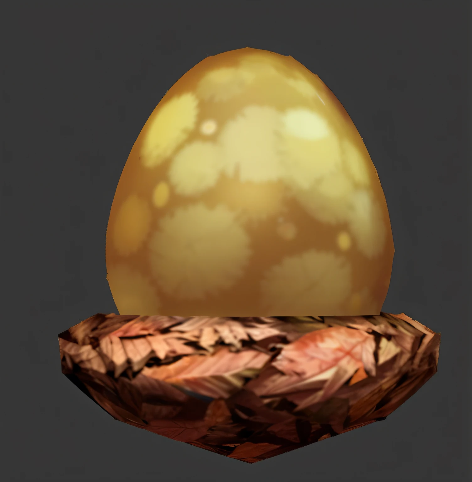 Close up of yellow egg on dead leaves on gray background, Dragon eggs, ornate egg, an egg, Egg, Eggs, head is an egg, newly hatched dragon,, hatching, he has a big egg, arte renderizada, egg yolk, detailed hatching, elder, Renders, Half realistic, Realistic Shading，Internal gradient