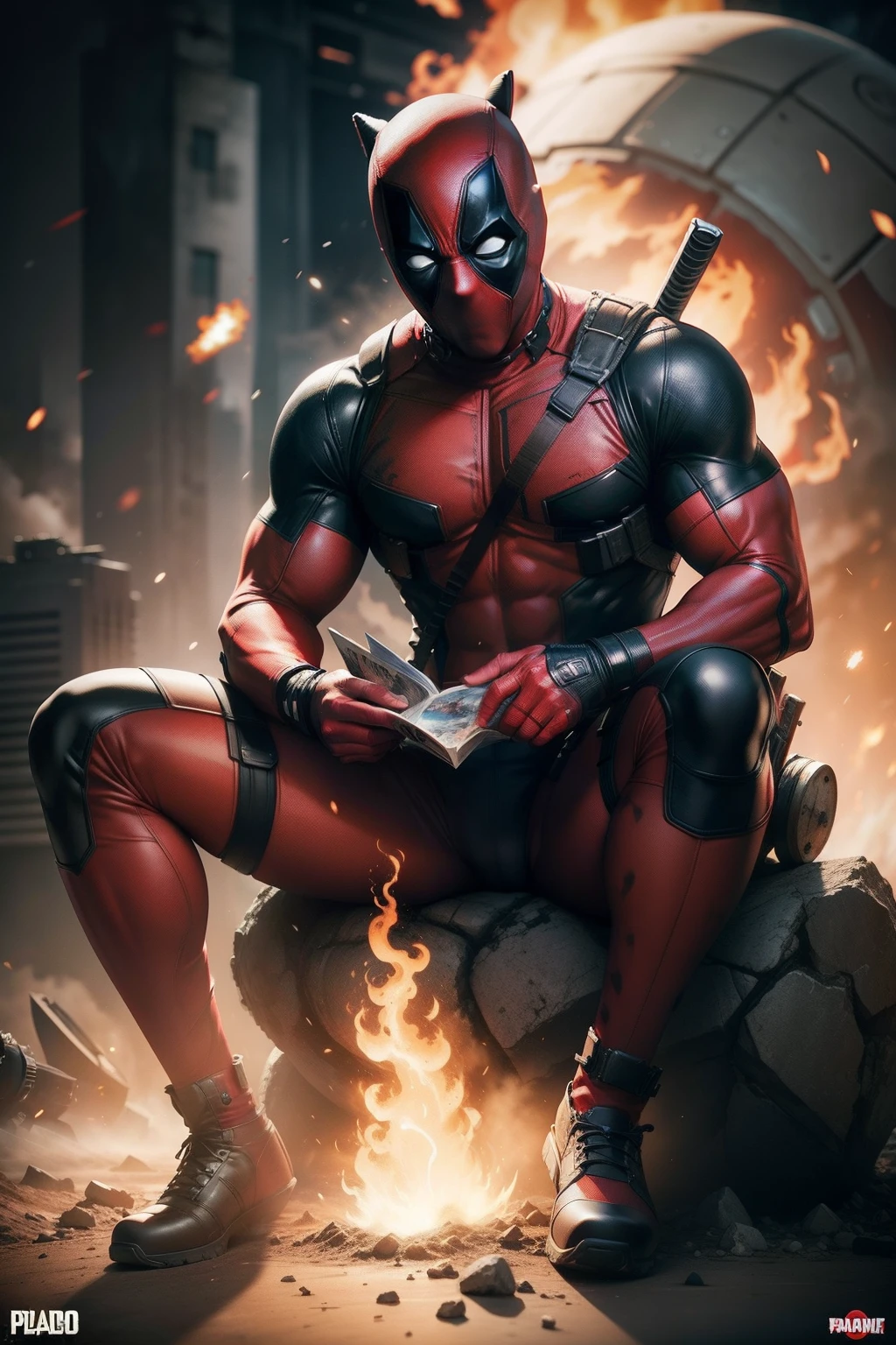 Deadpool comic book character sitting on a very large Atomic bomb, reading a comic book, photorealistic, 24k resolution hyper detail.