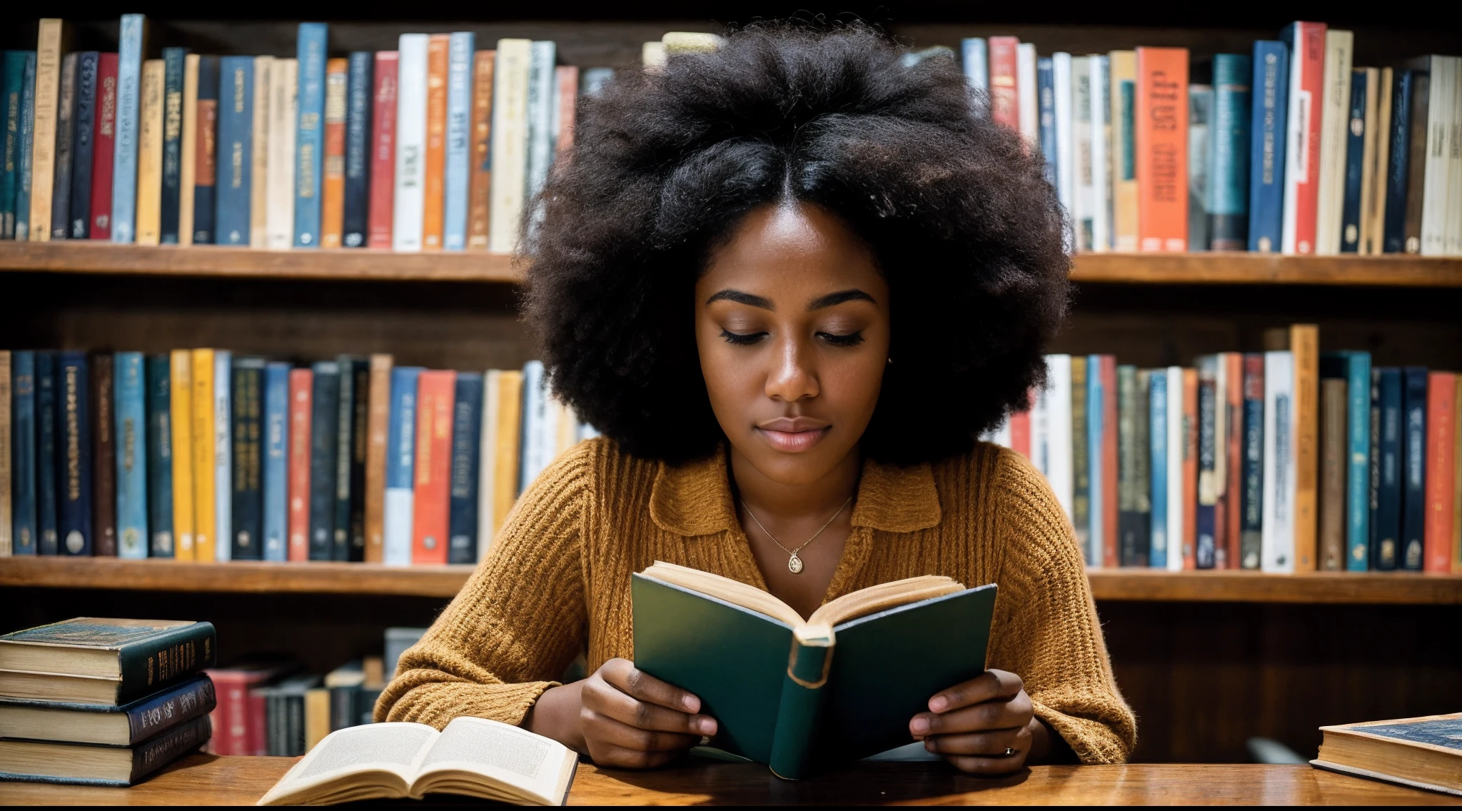 instagram photo, closeup face photo, A captivating scene capturing a afro american woman engrossed in a book, surrounded by a collection of vintage literary classics, contemplative, immersive, Canon EOS 5D Mark IV with 50mm f/1.8 lens, warm indoor lighting, storytelling photography.