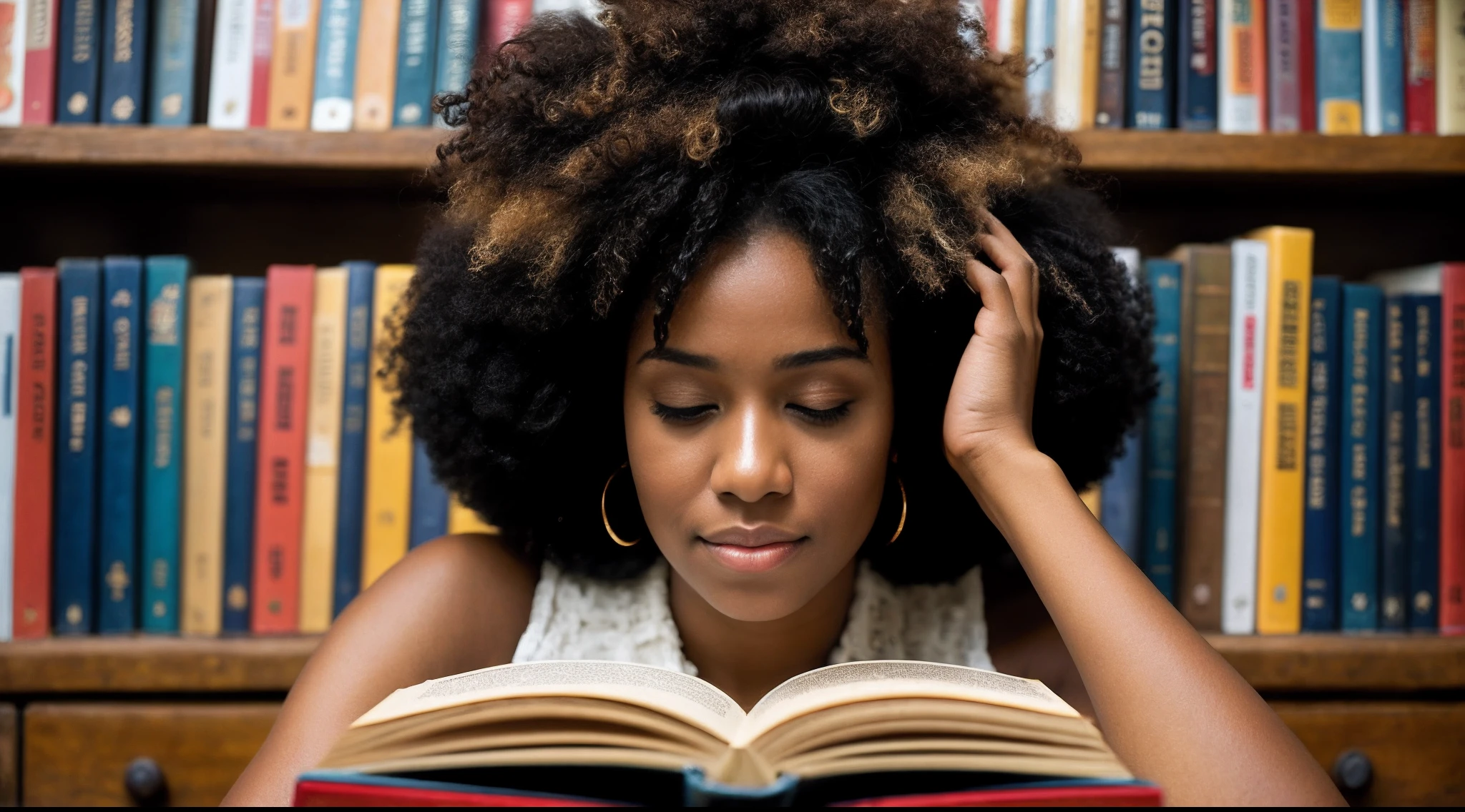 instagram photo, closeup face photo, A captivating scene capturing a afro american woman engrossed in a book, surrounded by a collection of vintage literary classics, contemplative, immersive, Canon EOS 5D Mark IV with 50mm f/1.8 lens, warm indoor lighting, storytelling photography.