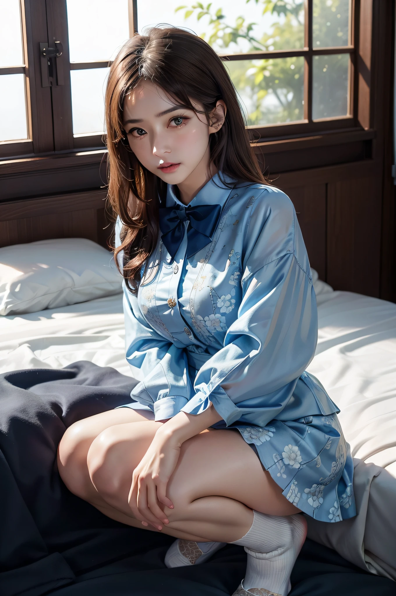 (Photoreal: 1.4), (Hyperrealistic: 1.4), (Realistic: 1.3), (Smooth Lighting: 1.05), (Improved Cinematic Lighting: 0.9), 32K, One Japan woman with a faint smile, realistic lighting, backlight, face lights, ray tracking, (Bright light: 1.2), (Quality improvement: 1.4), ( Top quality realistic textured skin: 1.4), fine detailed eyes, detailed face, fine quality eyes, dark brown eyes, (tired, sleepy and satisfied: 0.0), pale lighting, blue floral blouse, bow tie, blue floral skirt, silk white ankle socks with ruffled lace, squatting with legs on bed