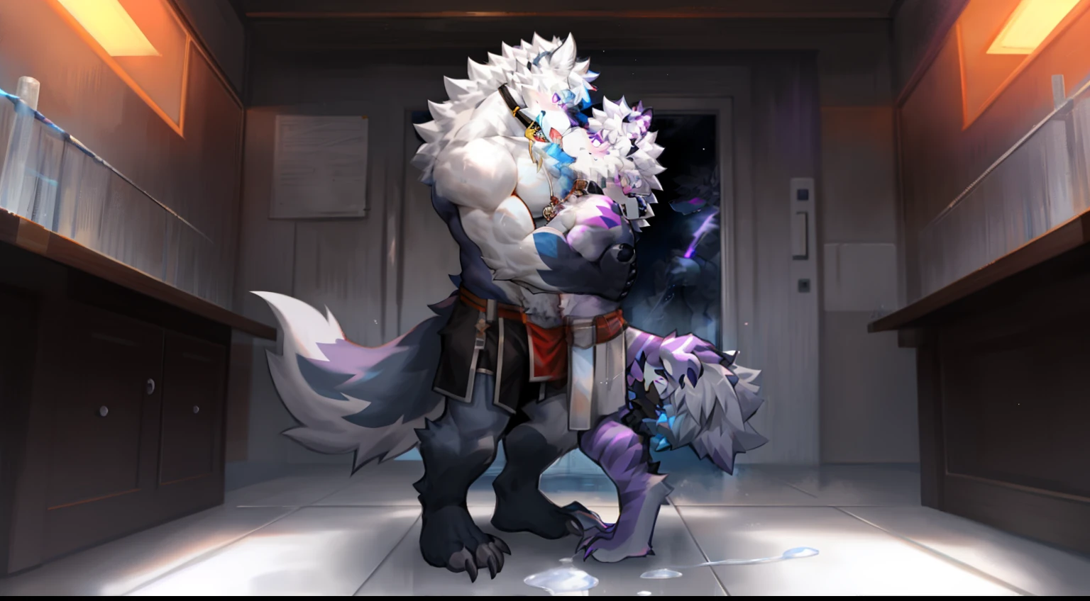 One guy,独奏,Full body like,shaggy male,hairy bodies,Correct anatomy,Detailed double eyes,glowing light eyes,Wearing a naked,White loincloth,Muscular,long white hair,drak,shoun(thin tall body type),male people,There are small horns on the head,Gray fur,Purple stripes,red striped,Purple eye,glowing light eyes,Sharp claws,Cute meat pad,Collar,Police shackles,adolable,Handsome,Evil charm,haughty,big wolf tail,full bodyesbian,White laboratory,Bright white light,Brainwashing,tongue kissing,Viscous liquid,Stand and hug right,Burst the entire liquid from the lower body,covered all over the body,Controlled by lust,Milk spilled all over the floor,Lick the white liquid on the ground,Professional and meticulous lighting