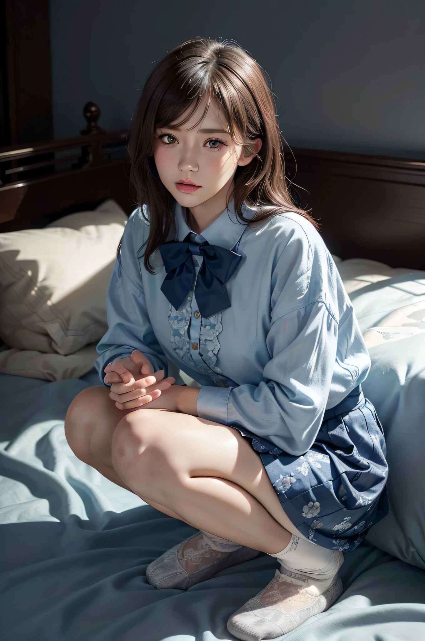 (Photoreal: 1.4), (Hyperrealistic: 1.4), (Realistic: 1.3), (Smooth Lighting: 1.05), (Improved Cinematic Lighting: 0.9), 32K, One Japan woman with a faint smile, realistic lighting, backlight, face lights, ray tracking, (Bright light: 1.2), (Quality improvement: 1.4), ( Top quality realistic textured skin: 1.4), fine detailed eyes, detailed face, fine quality eyes, dark brown eyes, (tired, sleepy and satisfied: 0.0), pale lighting, blue floral blouse, bow tie, blue floral skirt, silk white ankle socks with ruffled lace, squatting with legs on bed