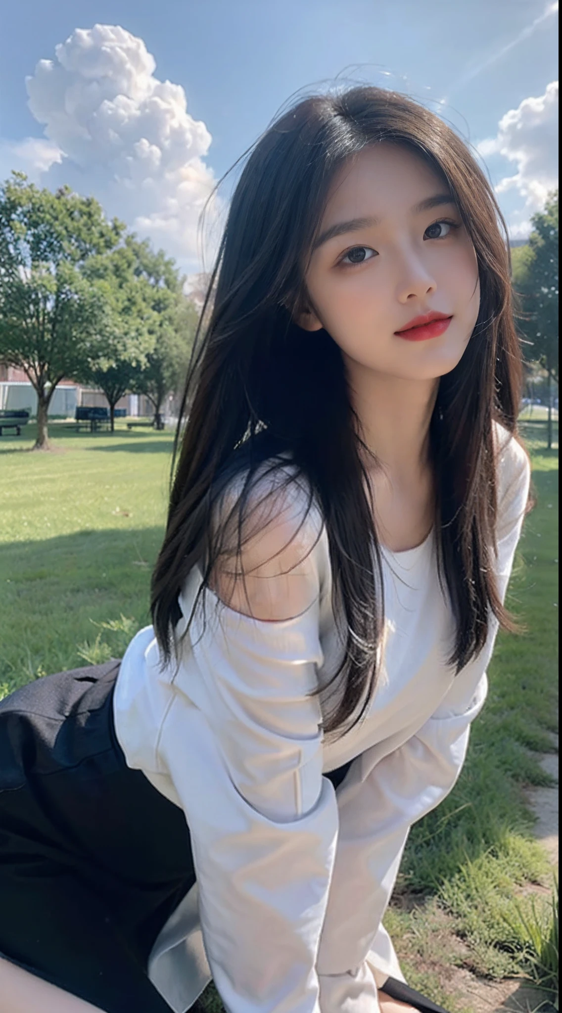 ((Best Quality, 8K, Masterpiece:1.3)), A beautiful girl, pure, melon face, gentle and cute, sweet smile, pure desire, thin figure, (frontal), (tilted head), looking directly at the camera, uniform, obi, formal, black silky long straight hair, long hair flowing over the shoulders, round black big eyes, clear big eyes, moist red lips, sweet, sitting on the side of the road, blue sky and white clouds, grass, buildings,