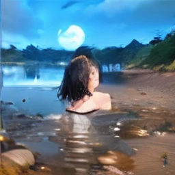 1girl, breasts, moon, lantern, night, solo, large breasts, hair ornament, wet, kimono, japanese clothes, wading, water, hair flower, flower, outdoors, sky, full moon, rain, black hair, off shoulder, mountain, cloud, holding, sash, bare shoulders, paper lantern, standing, white kimono, night sky, sideboob, obi, wet clothes, bangs, tree, from side, reflection, short hair, cloudy sky, wet hair (((masterpiece),(extremely detailed CG unity 8k wallpaper),best quality,,solo,1girl,cinematic lighting,detailed background,beautiful detailed eyes,bright pupils, (an extremely delicate and beautiful),(Beautiful and detailed eye description)， ultra-detailed,masterpiece,)),