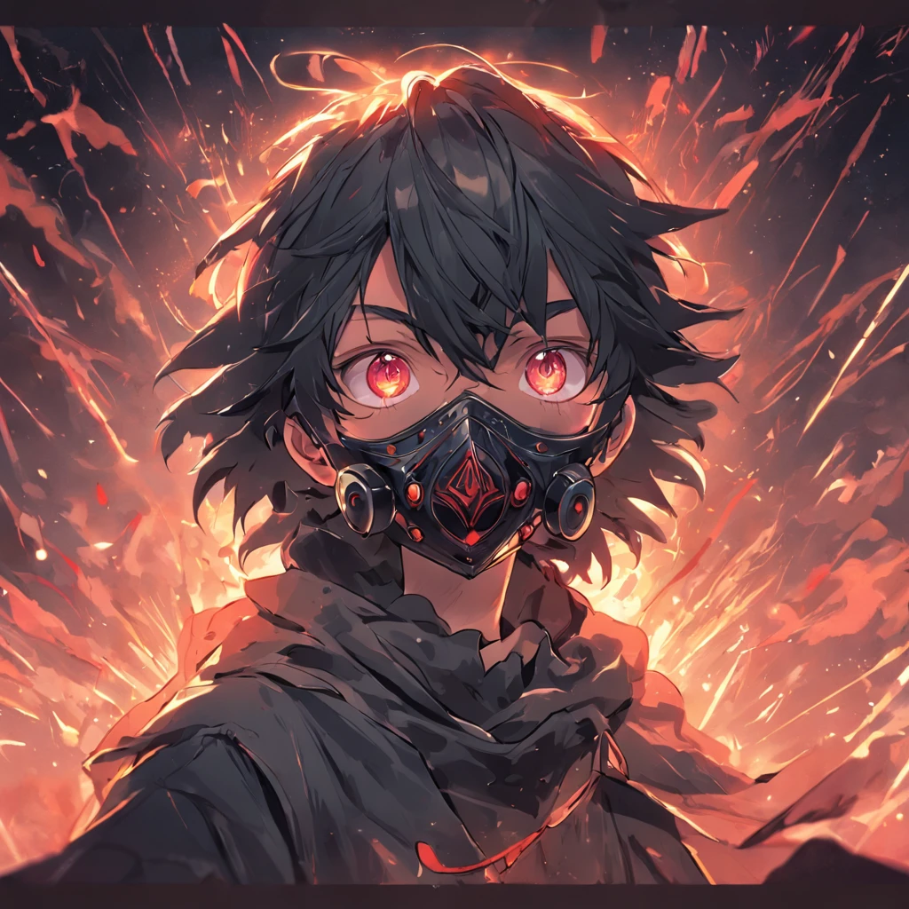 holding plague mask, 4K HD Illustration, boy, cartoon, olhos brilhando com raio