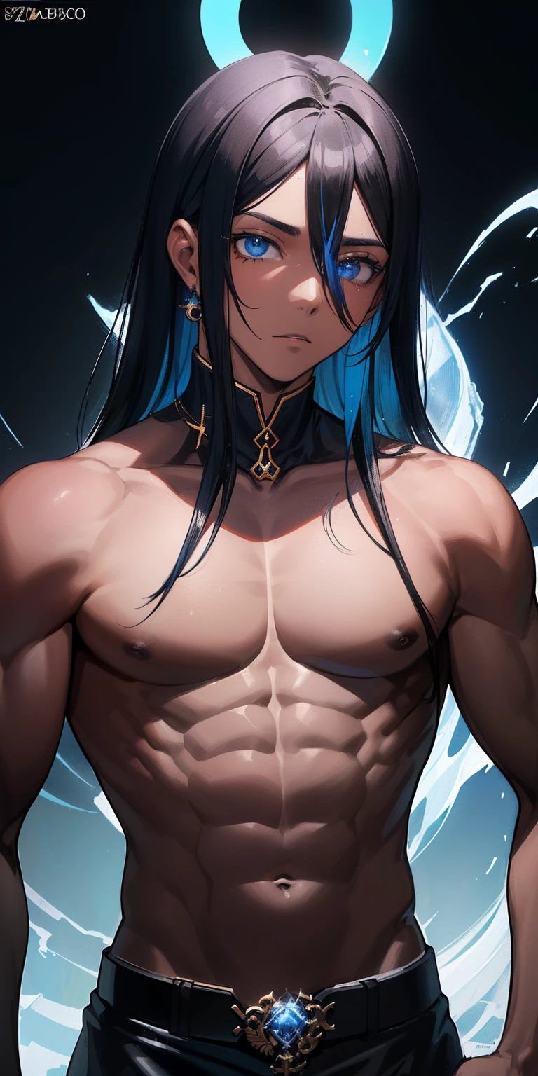 (Homem negro) (olhoes azuis) (olhar sadico) (posse imponente) (tatuagens tribais azuis brilhantes) (cabelo preto com mechas azuis) (transbordando energia azul) (HD) (melhor qualidade) (full hd) (ultra hd) (cabelo curto) (criando portal)