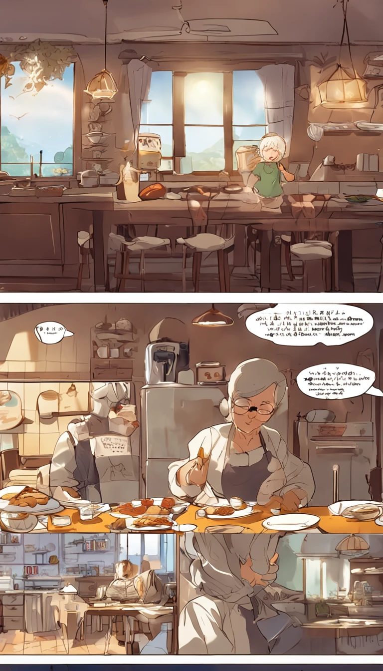 (Safina's breakfast preparations:1.3), Pretty eyes,
60-year-old lady, dining room and kitchen, various angles (10 shots),
character sheet, anime-inspired book, detailed illustration.