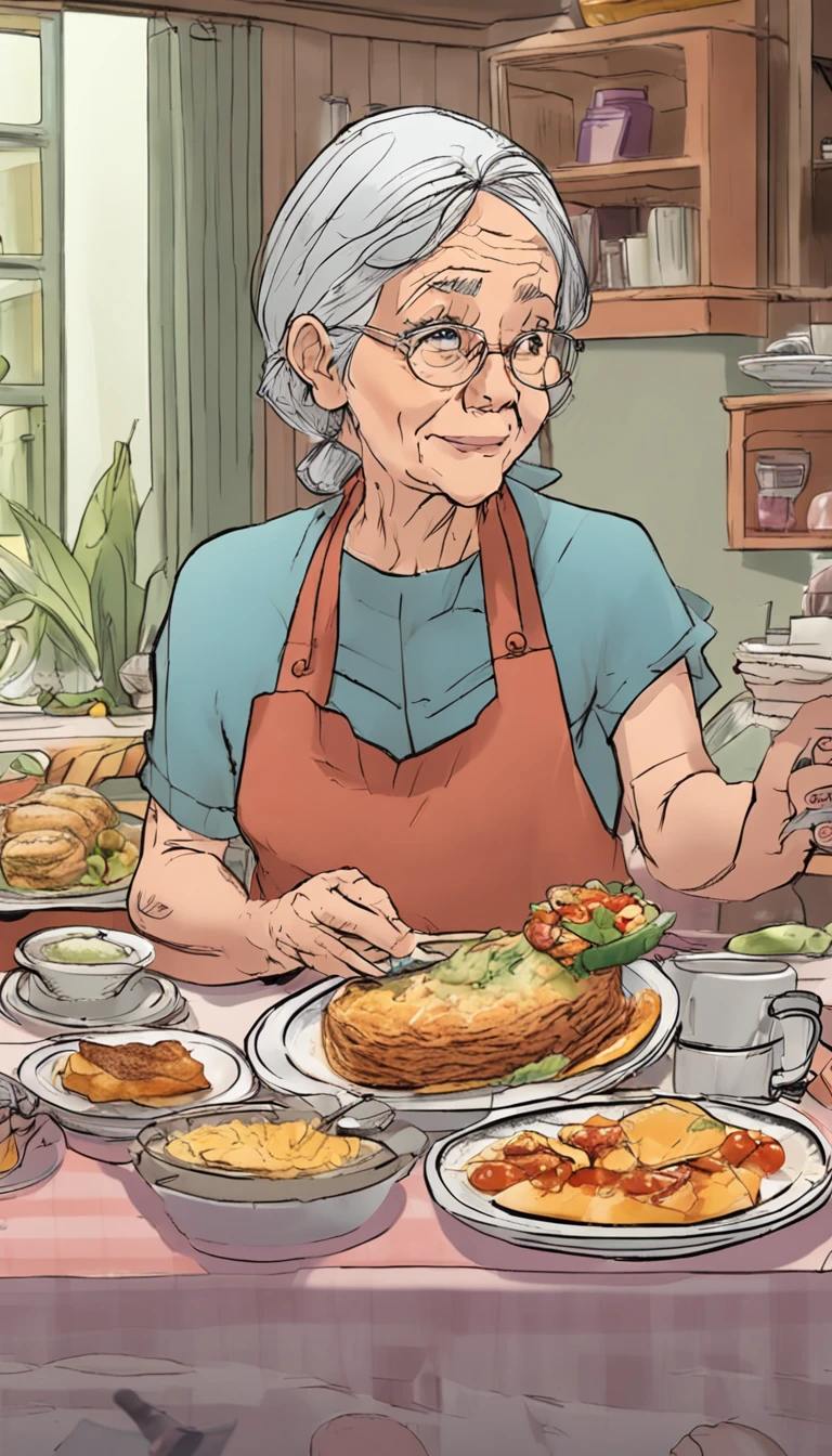 (Safina's breakfast preparations:1.3), Pretty eyes,
60-year-old lady, dining room and kitchen, various angles (10 shots),
character sheet, anime-inspired book, detailed illustration.