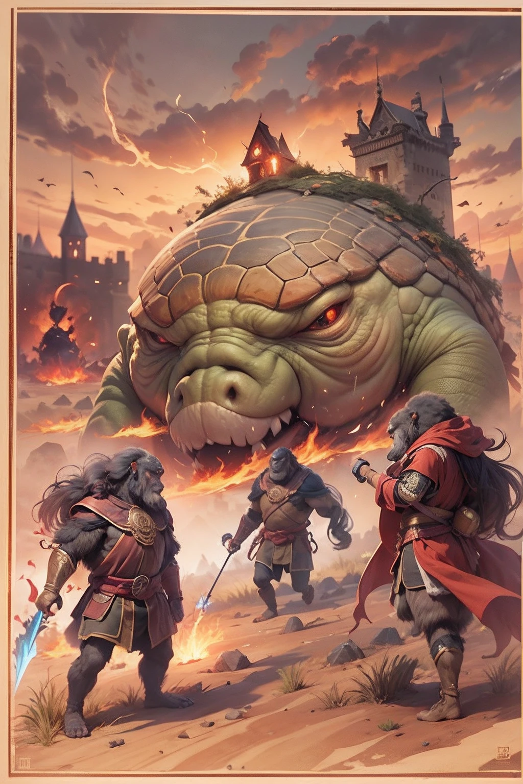 (anthropomorphic turtle),(Ape warrior:1.4),coda,a tall body,Stout limbs,disdain,ran,tosen,The long hairs of the flame fluttered in the wind,combats,Dynamic lines,Dimly lit battlefield,Ruined castle,(stereoscopic perspective:1.4),Works of masters,super-fine,4K分辨率,high qulity,电影灯光,High picture detail,Detailed pubic hair,Epic shooting,Clearly focused hair,Detailed hair depiction,acurate