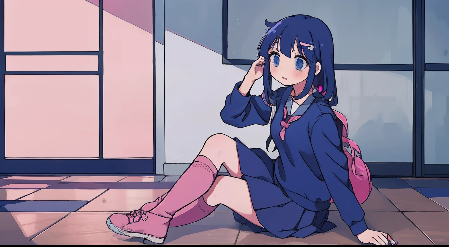 girl crossing her legs in cute socks without her shoes in her school uniform giving a smug look putting her tongue out mocking