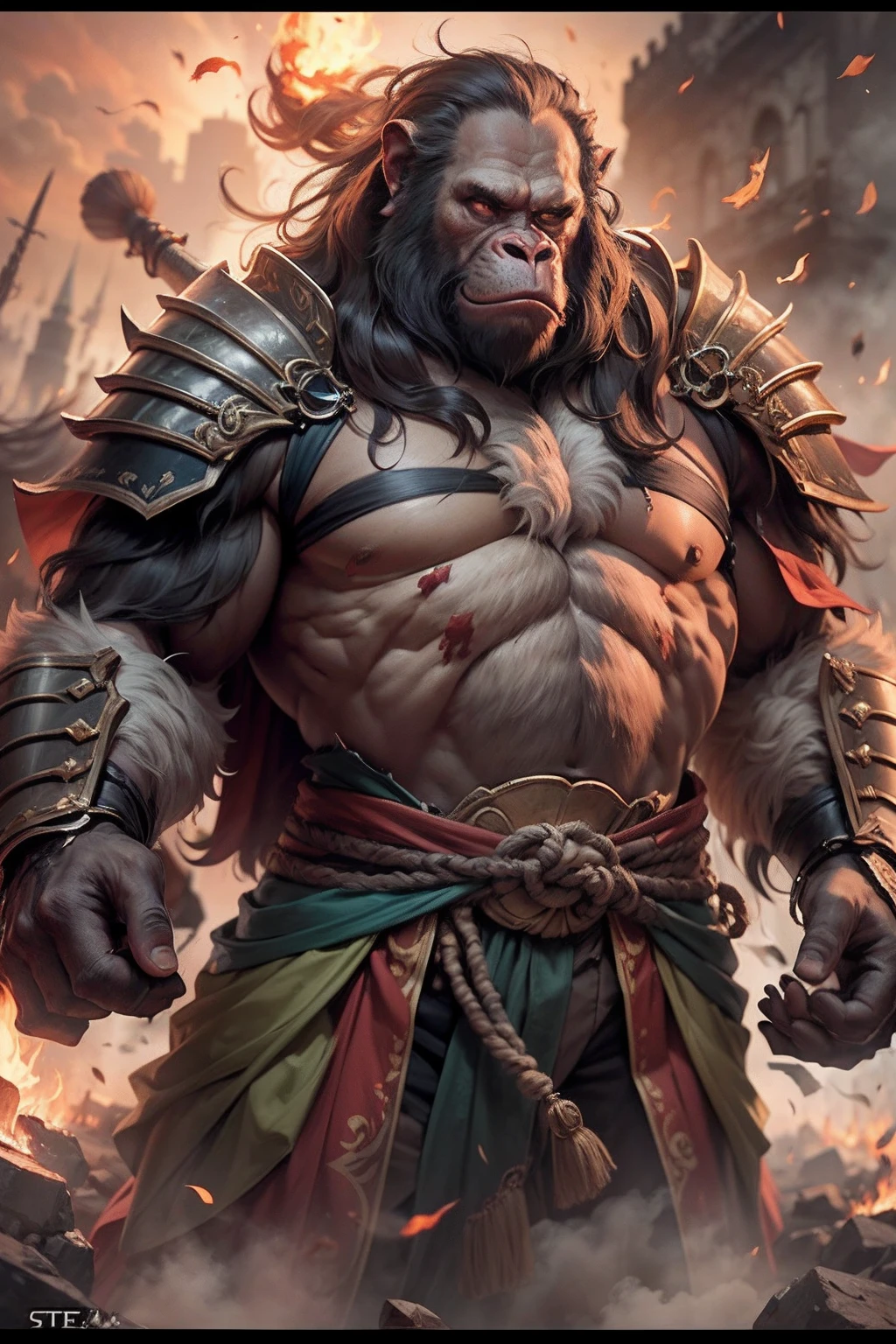 (anthropomorphic turtle),(Ape warrior:1.4),coda,a tall body,Stout limbs,disdain,ran,tosen,The long hairs of the flame fluttered in the wind,combats,Dynamic lines,Dimly lit battlefield,Ruined castle,(stereoscopic perspective:1.4),Works of masters,super-fine,4K分辨率,high qulity,电影灯光,High picture detail,Detailed pubic hair,Epic shooting,Clearly focused hair,Detailed hair depiction,acurate