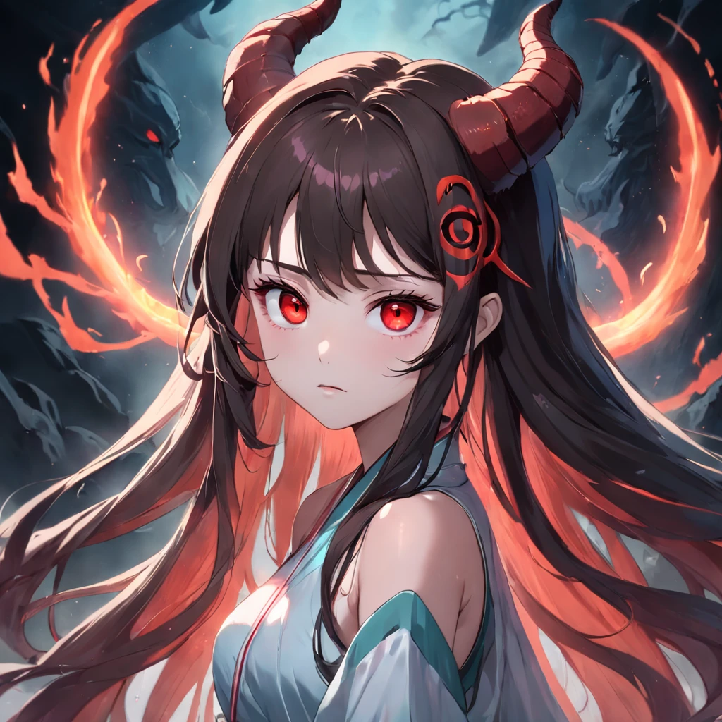 8K, best quality, masterpiece, A Korean beauty with long hair, three eyes clear, red eyes clear, and one eye clear (vertical) on her forehead. She has a beautiful face with demon horns on her head, brown long hair, double eyelids, long eyelashes, and a worm shaped lower body without feet.The background is the ghost realm of ancient Chinese mythology