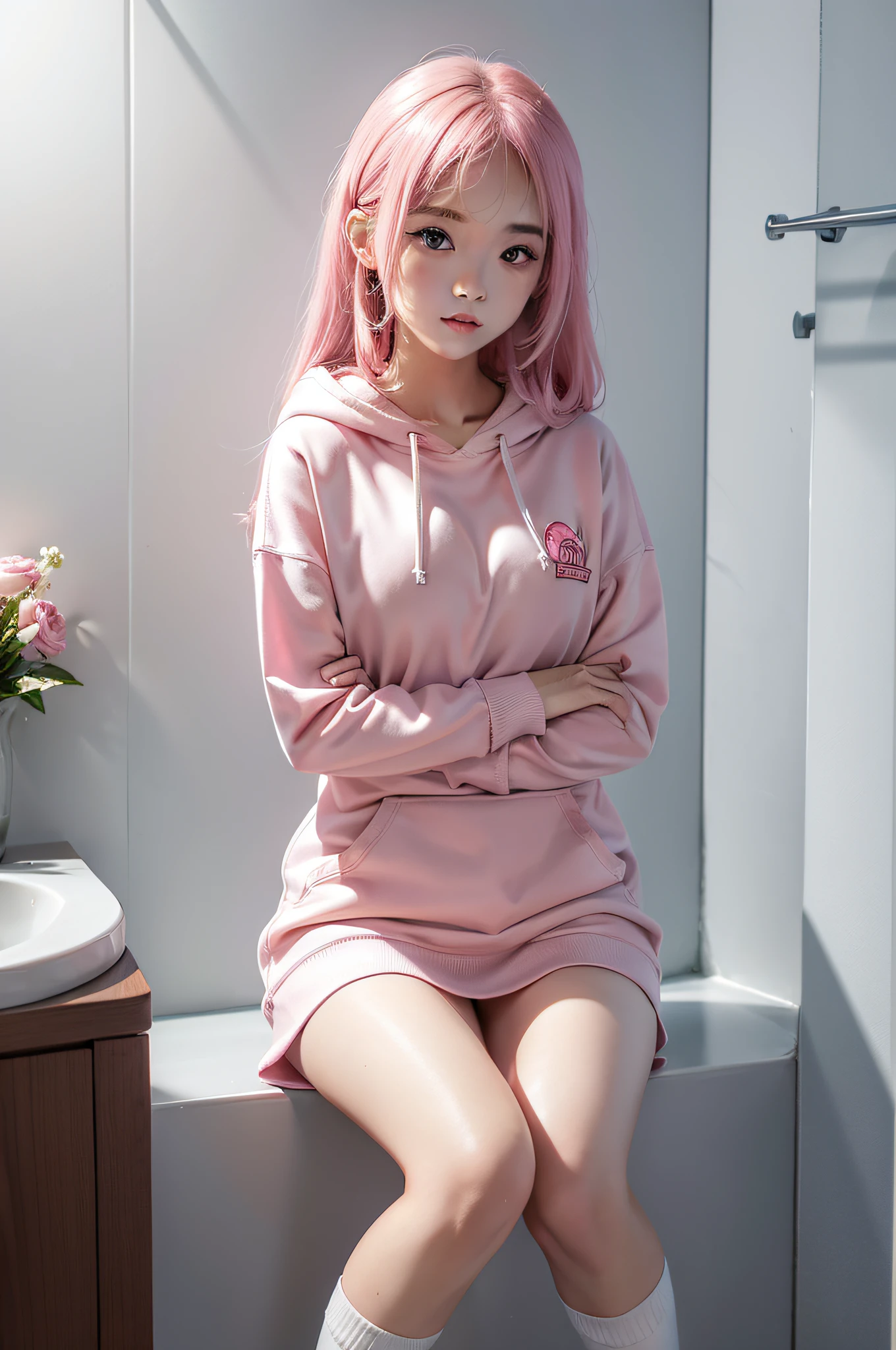 Upper body of a chinese girl, natural lighting, detailed feature, CG, global illumination,sexual pose, 4k, cinematic, full body, long white socks, random pose,high quality, best quality, 4k, 8k, single, showering, in bathroom, oversiezed cloth, cloth on, looking at viewer, clear feature, random strawberry logo on the cloth, pink long hair, pink hair, cloth on, hoodie,