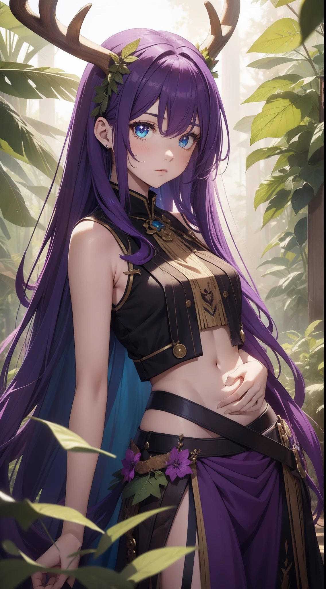 young girl, long purple hair, Cyan eyes, Deer antlers, confusion, Clothes made of leaves, Sleeveless, open belly, Masterpiece, hiquality
