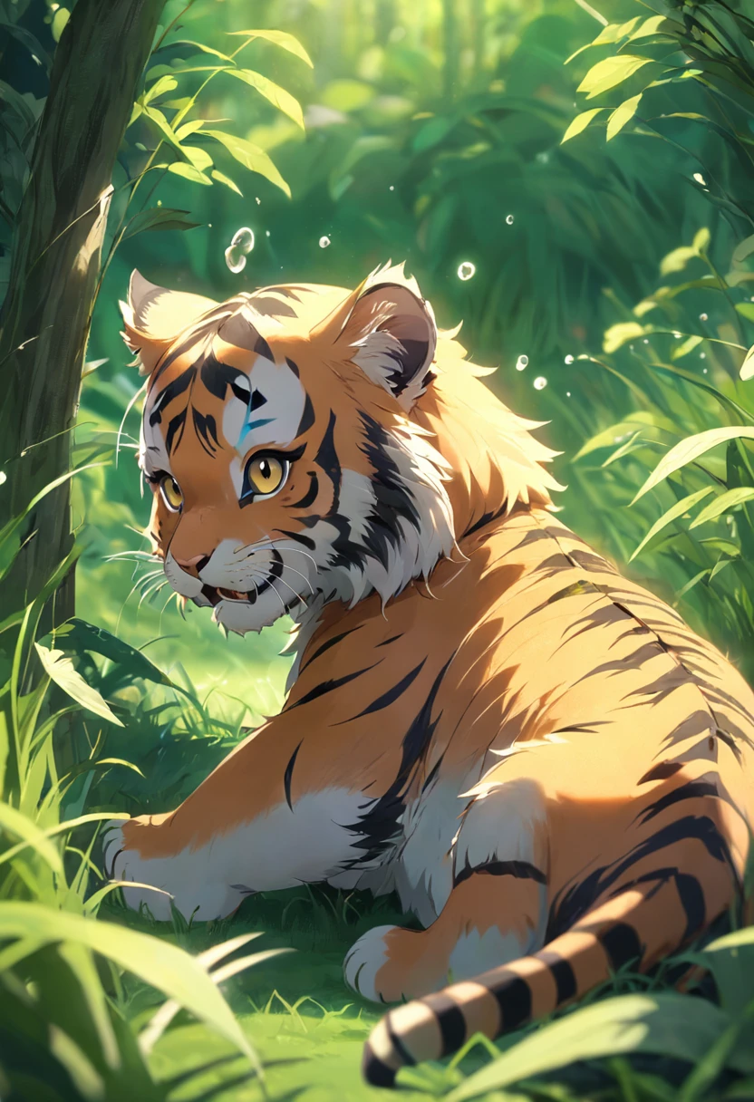 Cute little tiger,Fluffy,Vivid expressions,Play in the green grass,Biting his own tail,Vivid expressions,natural soft light,Soft focus filter,ultra-clear,hyper-detailing,8K,a picture,3Drenderingof