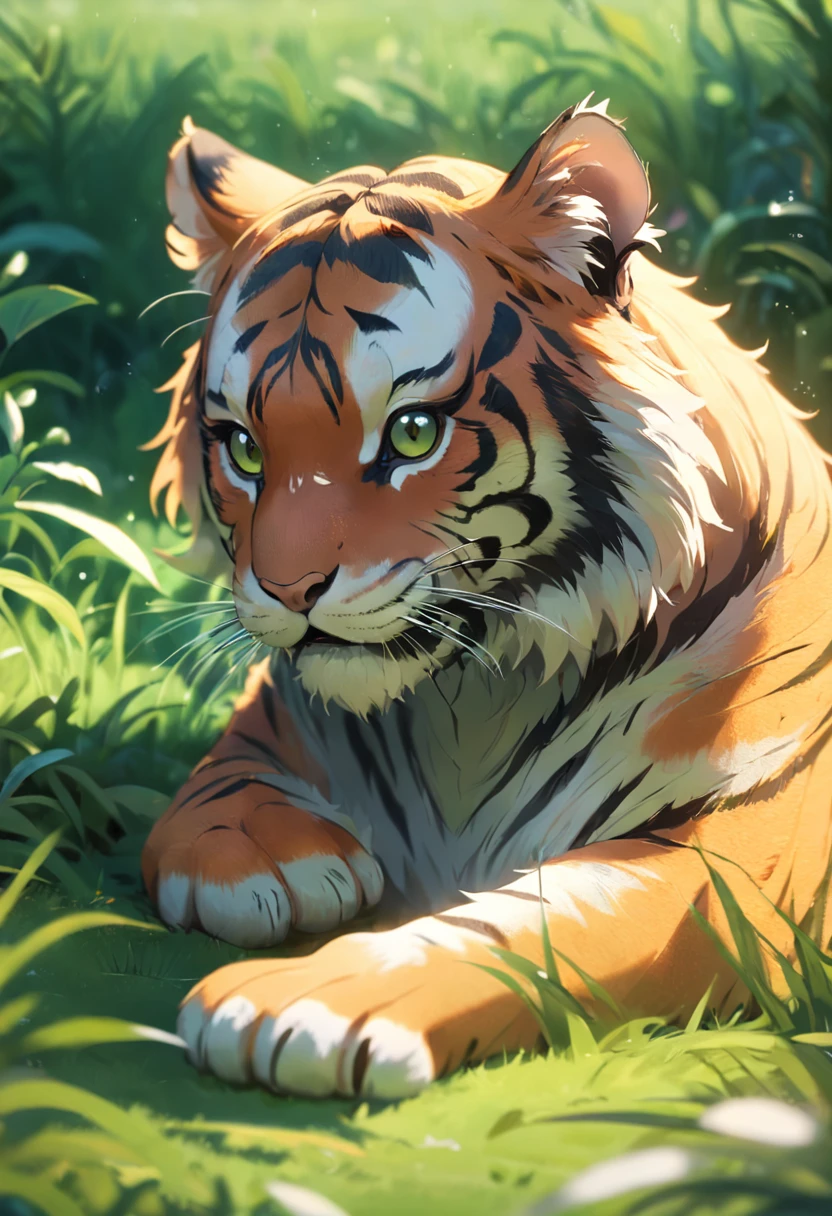 Cute little tiger,Fluffy,Vivid expressions,Play in the green grass,Biting his own tail,Vivid expressions,natural soft light,Soft focus filter,ultra-clear,hyper-detailing,8K,a picture,3Drenderingof