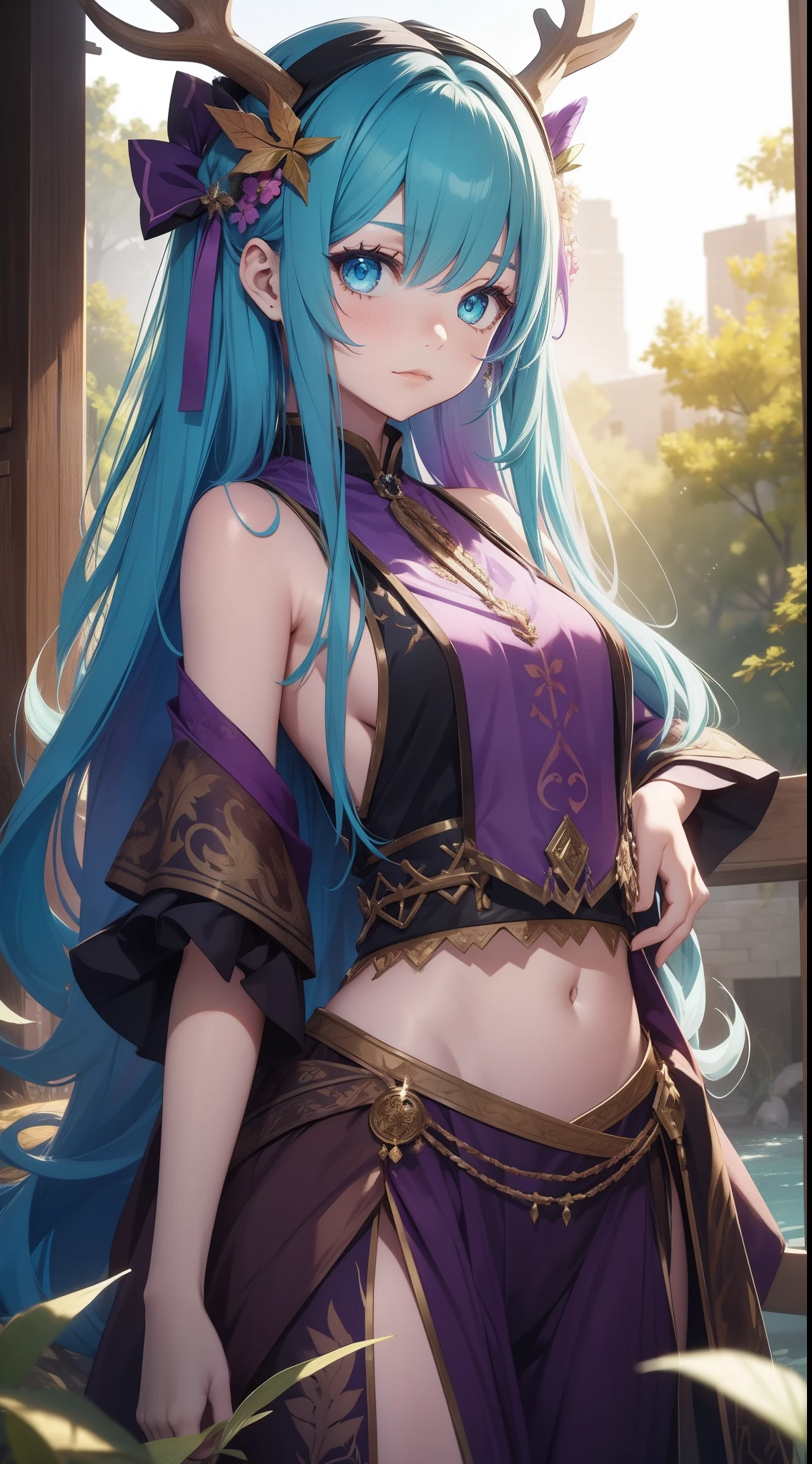 young girl, long purple hair, Cyan eyes, Deer antlers, confusion, Clothes made of leaves, Sleeveless, open belly, Masterpiece, hiquality