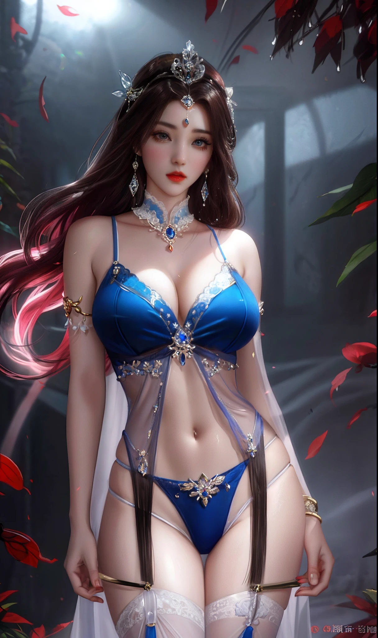 Royal sister，brunette color hair，Detailed eyes，详细的脸，mature face，Ripe body，Tall body，Seductive body，Long legs，8k，k hd，fleshy feeling，Sexy white translucent lace pajamas，White plump delicate body，Beautiful face，Cherry small mouth，Beautiful and delicious（3D  royal sister），a plump buttocks， jade foot，
