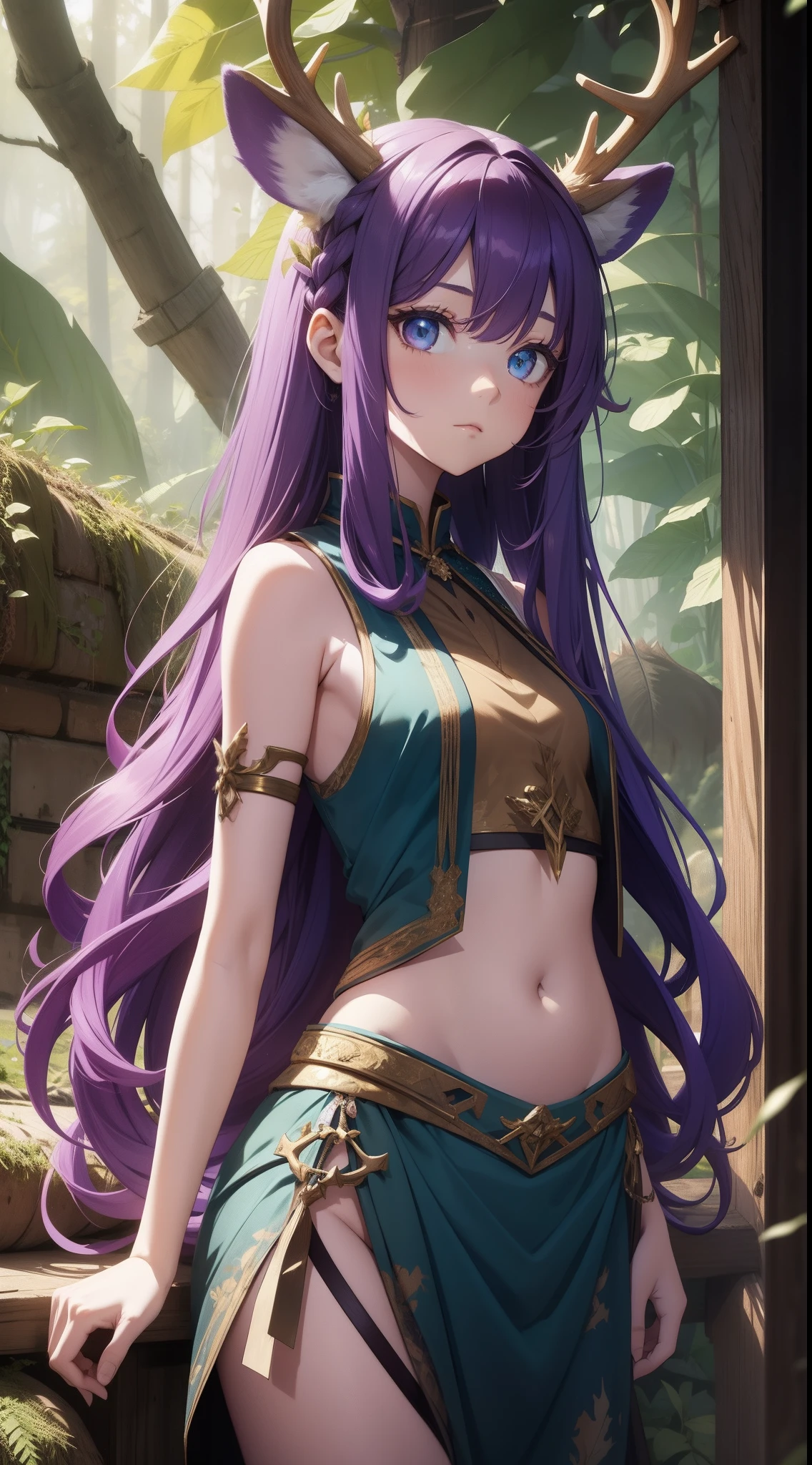 young girl, long purple hair, Cyan eyes, Deer antlers, confusion, Clothes made of leaves, Sleeveless, open belly, Masterpiece, hiquality