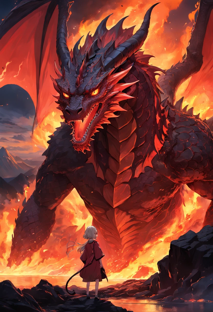 In the heart of a raging volcano, A magnificent vision unfolds. A majestic red dragon emerges from the burning depths, suas escamas cintilam com um calor intenso. The dragon's wings extend wide, projetando uma sombra sobre a lava derretida abaixo. Seus olhos, Brilhando como brasa, They exude a sense of power and wisdom. The intricate details of its scales and the sharpness of its claws are a testament to its strength and beauty. The flames that dance around your body create a mesmerizing display of light and color. This artwork captures the awe-inspiring presence of a red dragon in the middle of a volcanic eruption, uma verdadeira obra-prima que combina os elementos do mito e da natureza.  --ar 1:1--V 5.1