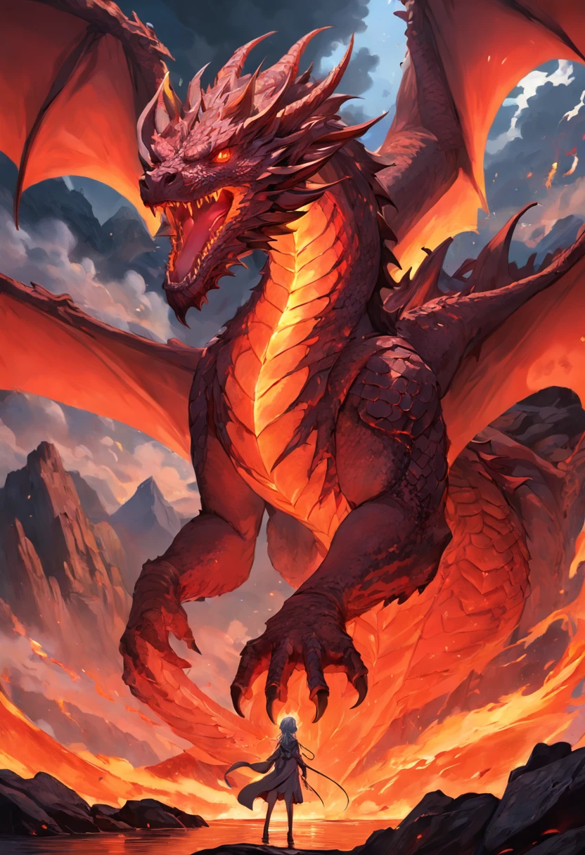 In the heart of a raging volcano, A magnificent vision unfolds. A majestic red dragon emerges from the burning depths, suas escamas cintilam com um calor intenso. The dragon's wings extend wide, projetando uma sombra sobre a lava derretida abaixo. Seus olhos, Brilhando como brasa, They exude a sense of power and wisdom. The intricate details of its scales and the sharpness of its claws are a testament to its strength and beauty. The flames that dance around your body create a mesmerizing display of light and color. This artwork captures the awe-inspiring presence of a red dragon in the middle of a volcanic eruption, uma verdadeira obra-prima que combina os elementos do mito e da natureza. --ar 1:1--V 5.1