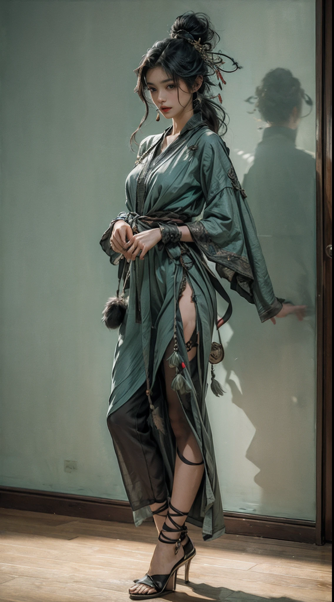 hair pulled back, crescent hair ornament,full body shot shot, Contemporary art, High details, Masterpiece, ccurate