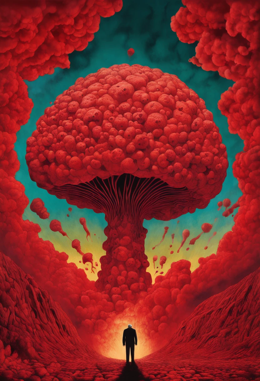 Cloud of nuclear explosion mushrooms erupted from Robert Oppenheimer's psychedelic head within a nightmarish dreamscape, gritando em agonia, centered composition, Vermelho-escuro, Very detailed, intrincado, no estilo de Zdislav Beksinski, Gustavo Klimt, Caravaggio