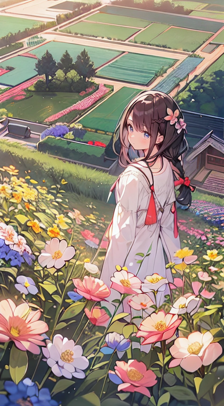 masutepiece, Best Quality,Illustration, Wallpaper, Ultra Detail, Absurd beauty、1 beautiful girl、 (Semi-long hair、short braided hair), Beautiful ultra-detailed eyes , Hair fluttering in the wind、Keep your head small、flower field、great outdoors、Landscape of the flower garden