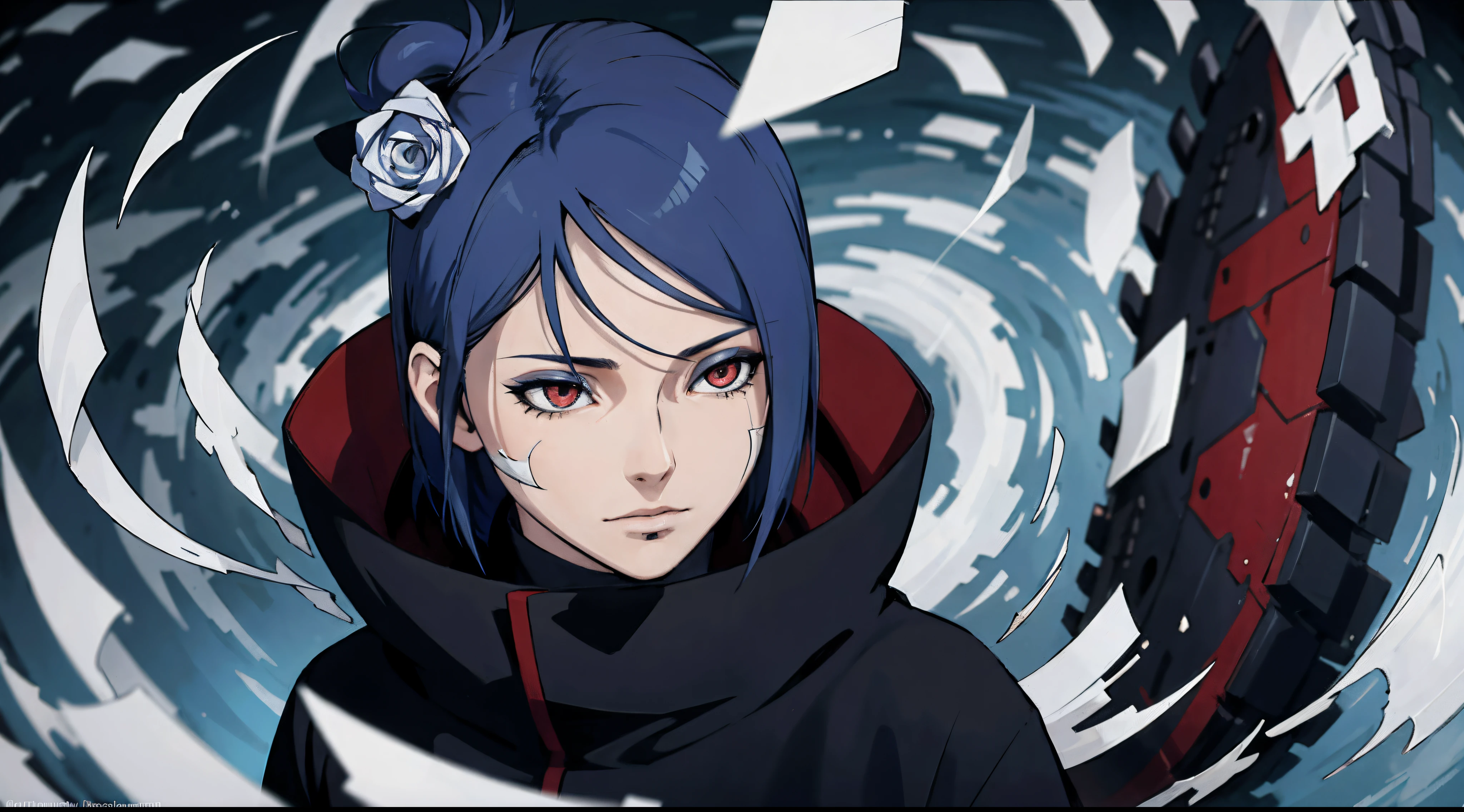 absurdres, (best quality), (masterpiece),(ultra-detailed:1.2),(photorealistic:1.1),(highres),
1girl,
konan \(naruto\), (akatsuki outfit:1.1), labret piercing, (paper:1.2),
ripples,swirling ,