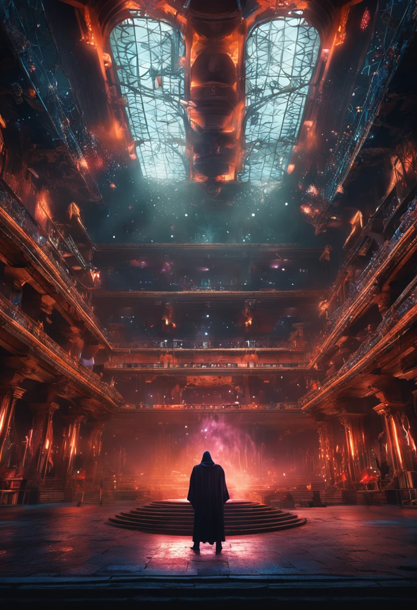 A mysterious arena,Powerful wizards clash in spectacular displays of magical power.