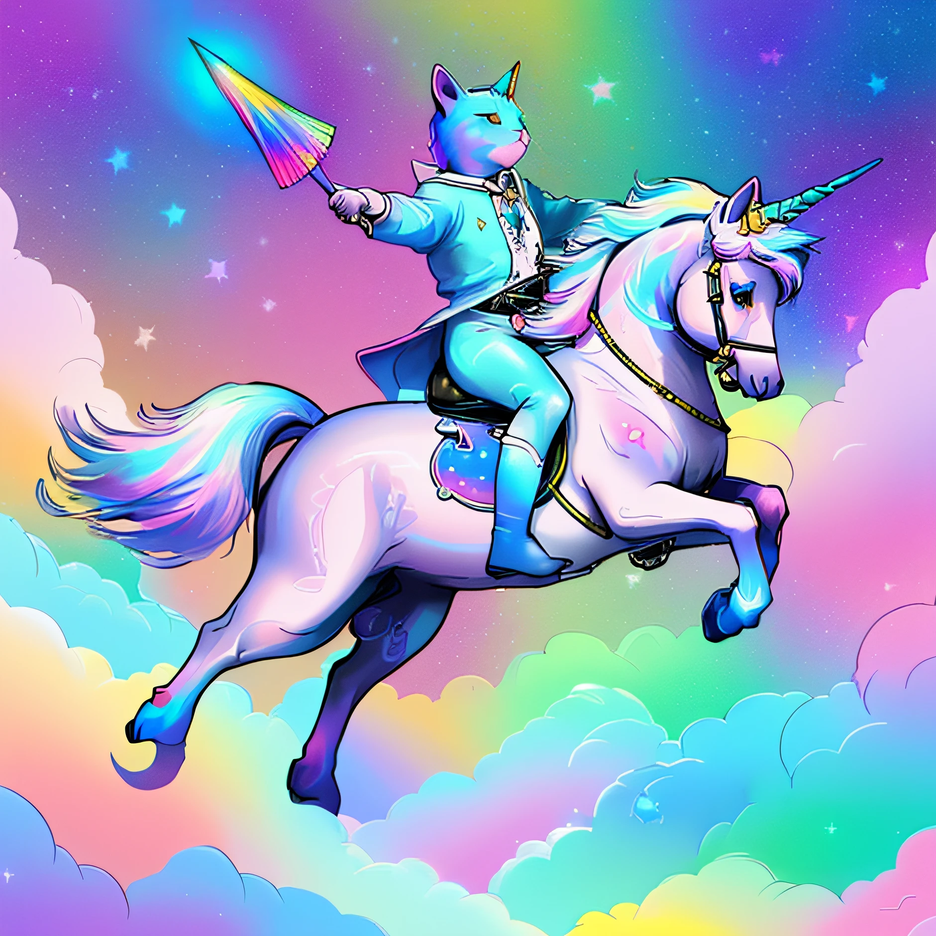 un gato montando un unicornio, colorido, hd, fantasia, art, contornos