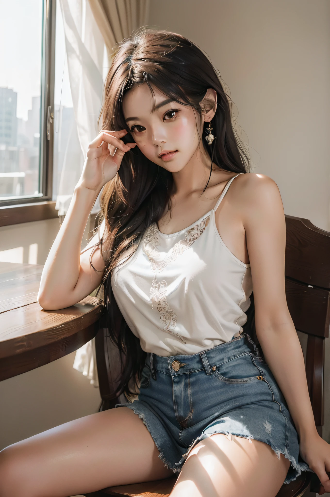 (top-quality、tmasterpiece:1.5)、(photoreali、intricately details:1.2)、超A high resolution、1girl in、25-year-old girl、Idol-like face、Facial light、blush of nose、Black tank top、short denim skirt、 Slim waist、delicate leg、long leges、 Slender body、 shiny skins、Authentic skin texture、 Open Cafe、sit on chair、Natural soft light、The best lighting、细致背景、detailed shadow、foco nítido、Depth of field f / 2、 Saturated、hight contrast、Strong light and shadow