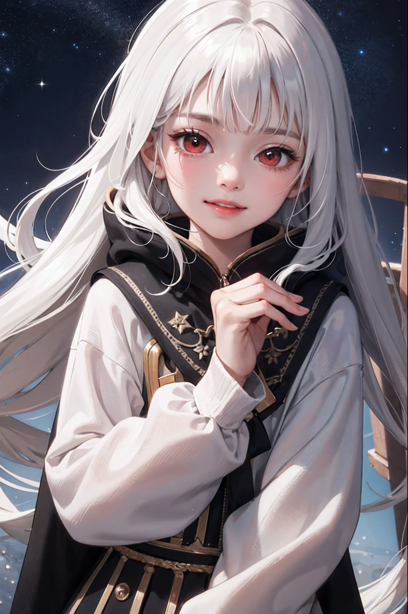 (masterpiece:1.2, best quality), (real picture, intricate details), 1kid, girl, child girl, upper body, space, long hair, minimal makeup, natural fabrics, close-up face, smile, stars, universe, long messy white hair, messy long hair, white hair, bangs, Korean bangs, bangs on forehead, red eyes, fancy clothing, fancy oversized clothing, long sleeves, clothing galaxy themed, galaxy imprinted oversized, child, kid, smallyears old.