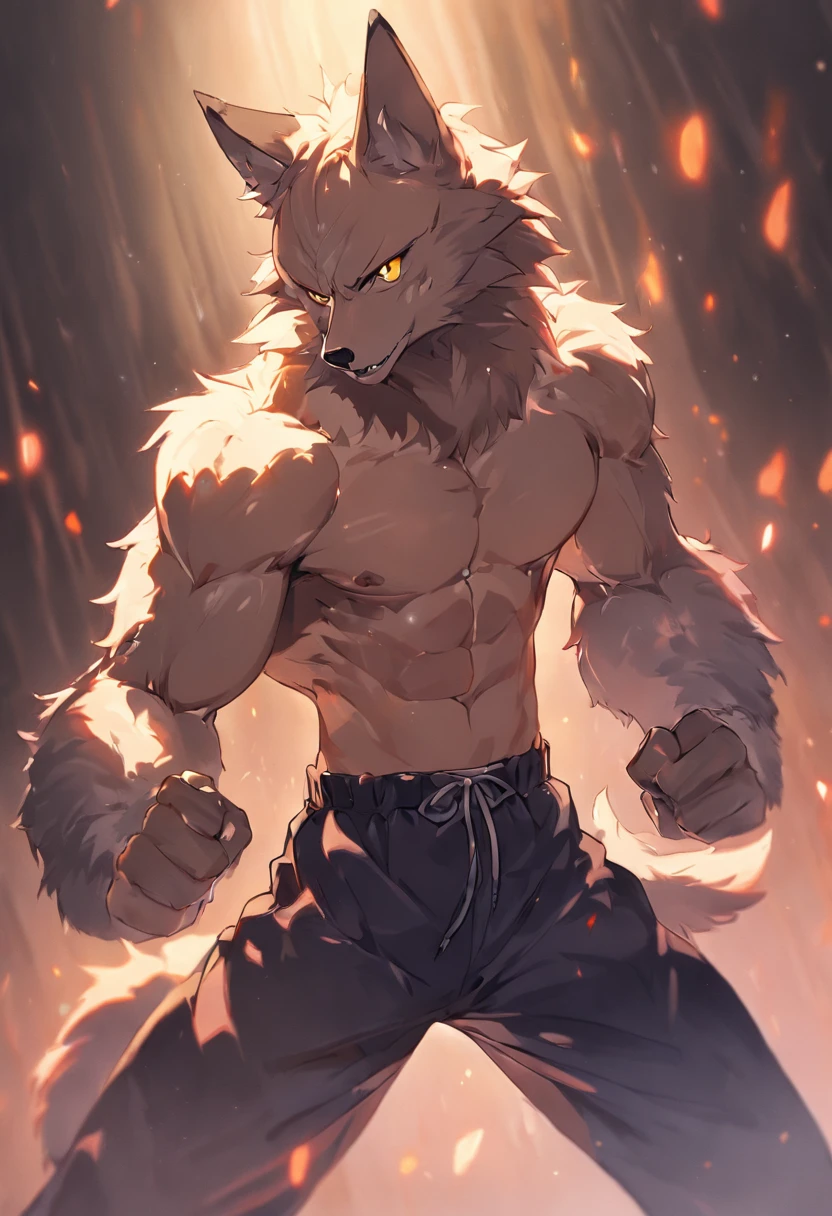4K, high resolution, Best quality, Masterpiece, perfect colors, perfectly shaded, Perfect lighting, posted on e621, (by Chunie), Furry, anthro, Furry art, ((Portrait)), Male wolf, gray wolf, (two-toned fur), hairy bodies, Yellow eyes, (Seductive look:1.2), fit body, perfect male figure, Wear men's boxing pants,Abs,musculature,Detailed fur, Detailed face, Perfect face, (The stands up), Detailed background, ((Bonifasko lighting)), Wolf tail, (Detailed eyes), perfect pupils