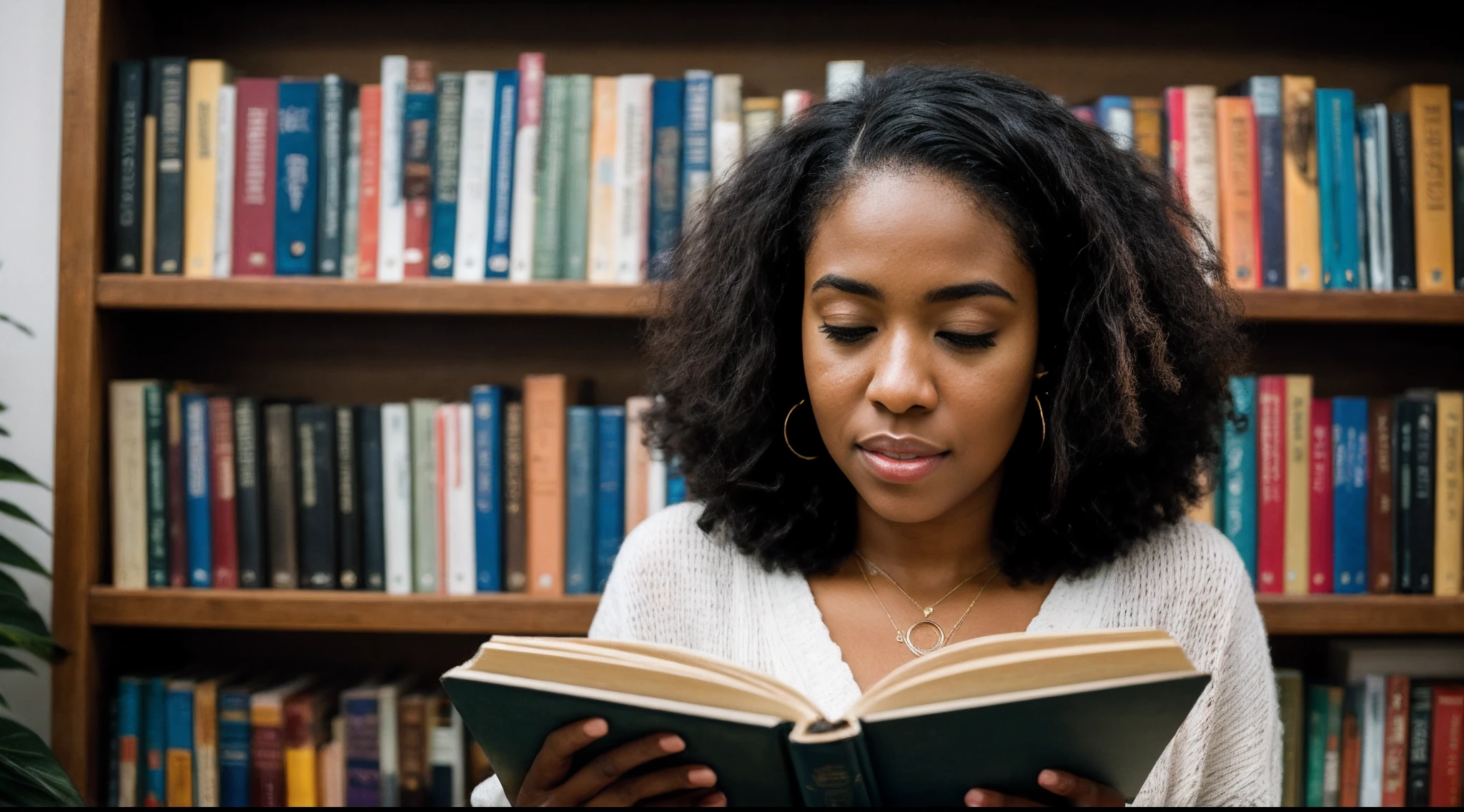 instagram photo, closeup face photo, A captivating scene capturing a afro american woman engrossed in a book, surrounded by a collection of vintage literary classics, contemplative, immersive, Canon EOS 5D Mark IV with 50mm f/1.8 lens, warm indoor lighting, storytelling photography.