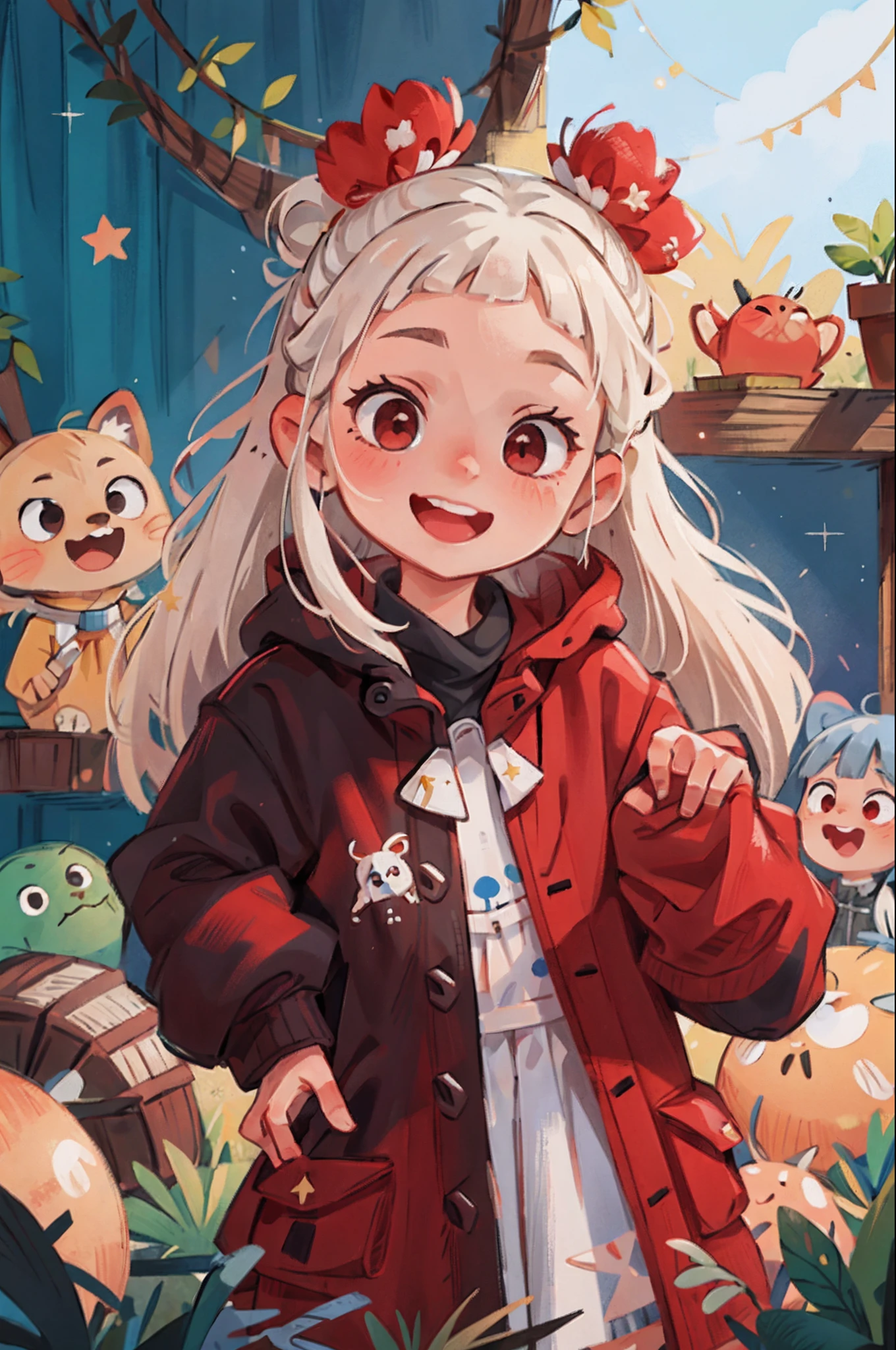 (masterpiece:1.2, best quality), (real picture, intricate details), 1kid, child, small girl, child girl, solo, upper body, space, long hair, minimal makeup, natural fabrics, close-up face, smile, stars, universe, long messy white hair, messy long hair, white hair, bangs, Korean bangs, bangs on forehead, red eyes, fancy clothing, fancy oversized clothing, long sleeves, clothing galaxy themed, galaxy imprinted oversized, child, ???, small, tiny, 6 years old.