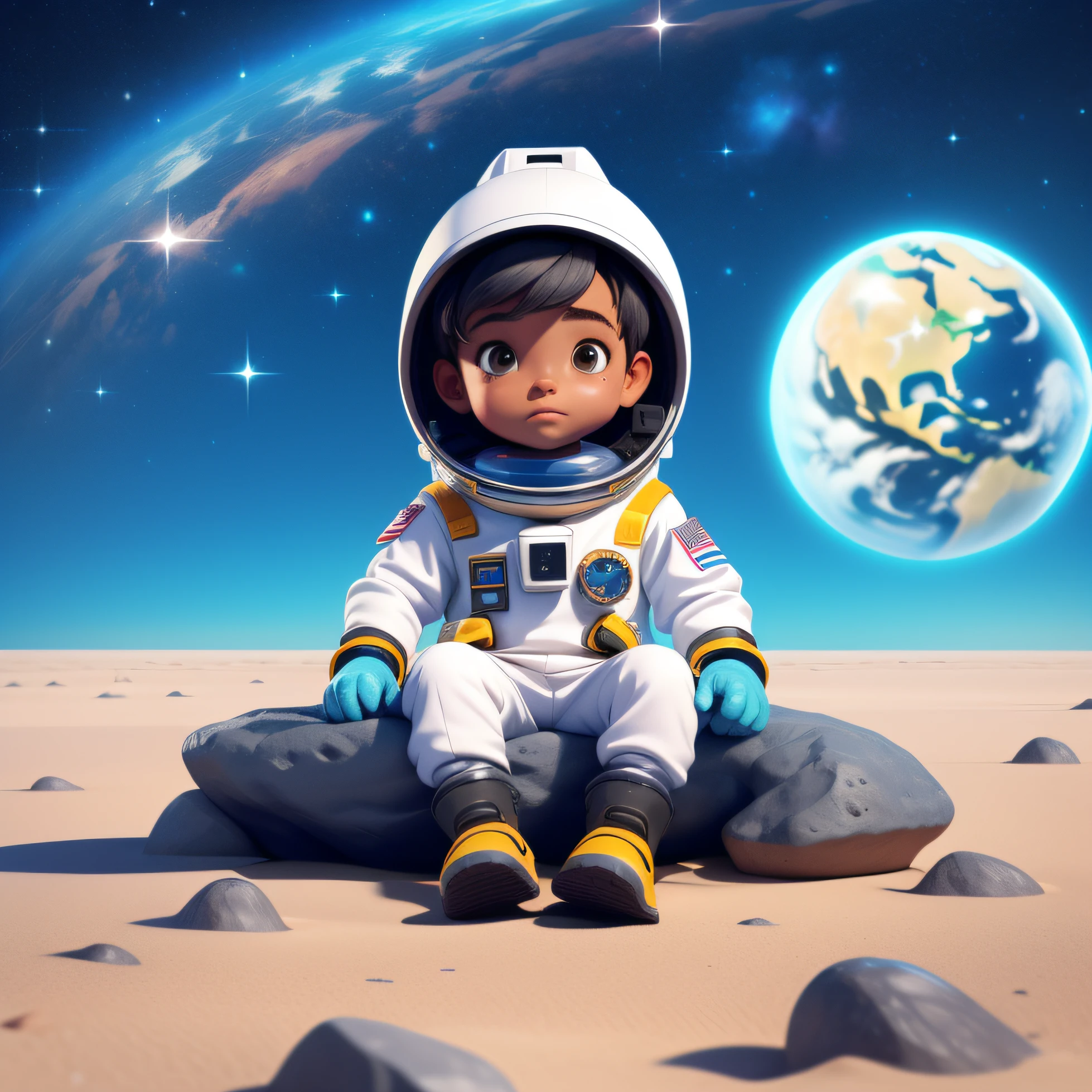 3DCHARACTER, Roupa de astronauta, (corpo inteiro: 1.2), fundo simples, obra-prima, melhor qualidade, (fundo gradiente: 1.1), 1 homem, Desenhe um menino de 6 anos com pele parda, e olhos pretos programador, Sitting on a research platform floating in the middle of an asteroid belt watching the planet Earth