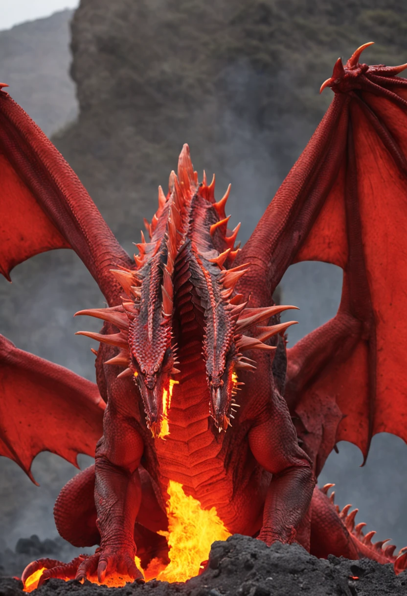 A great red dragon with seven heads and 10 horns with 7 diadems